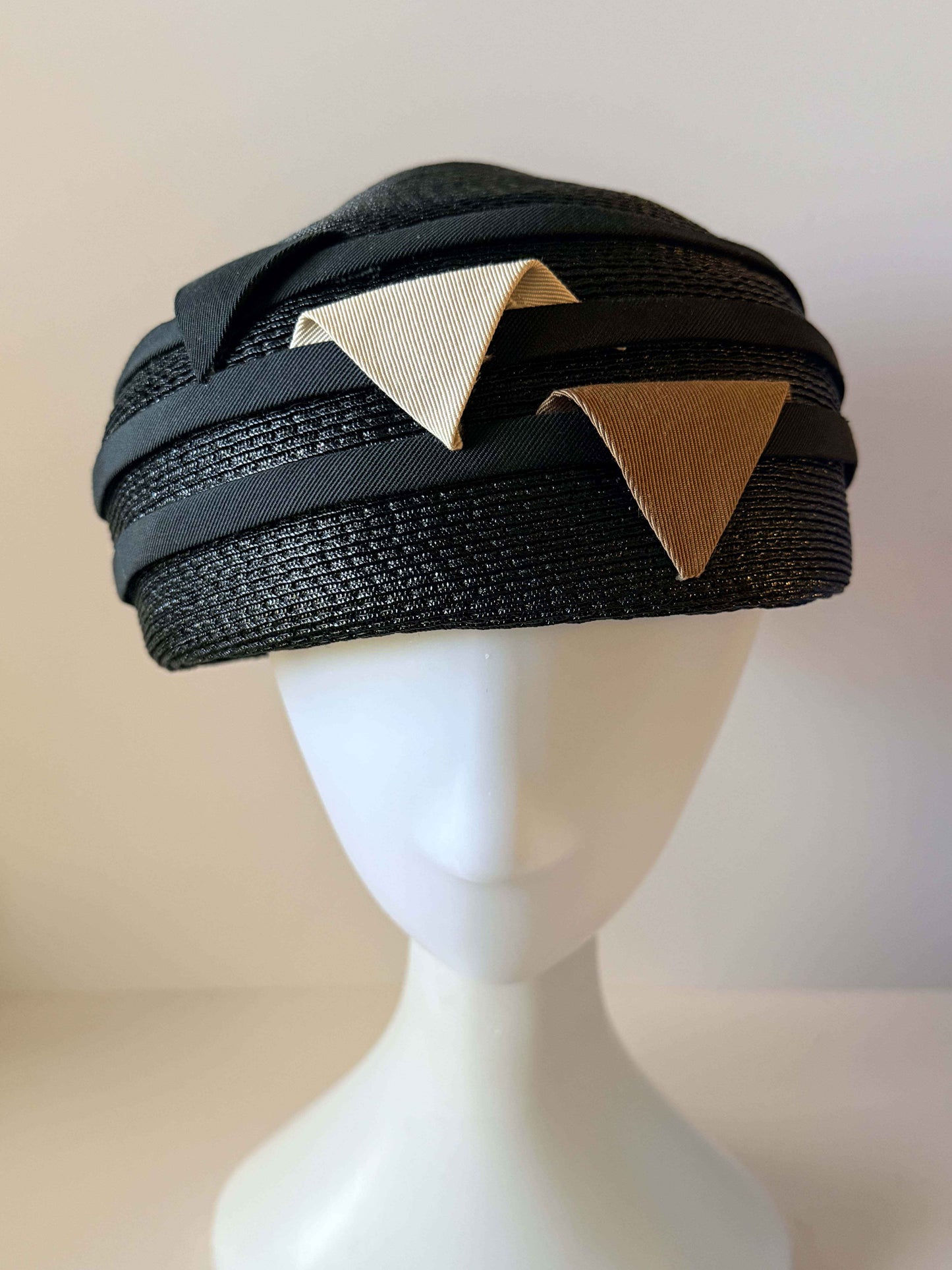 Vintage 1960s Black Straw Pillbox Hat | Mod Cocktail Hat | Geometric Ribbon Trim | Mid Century Millinery