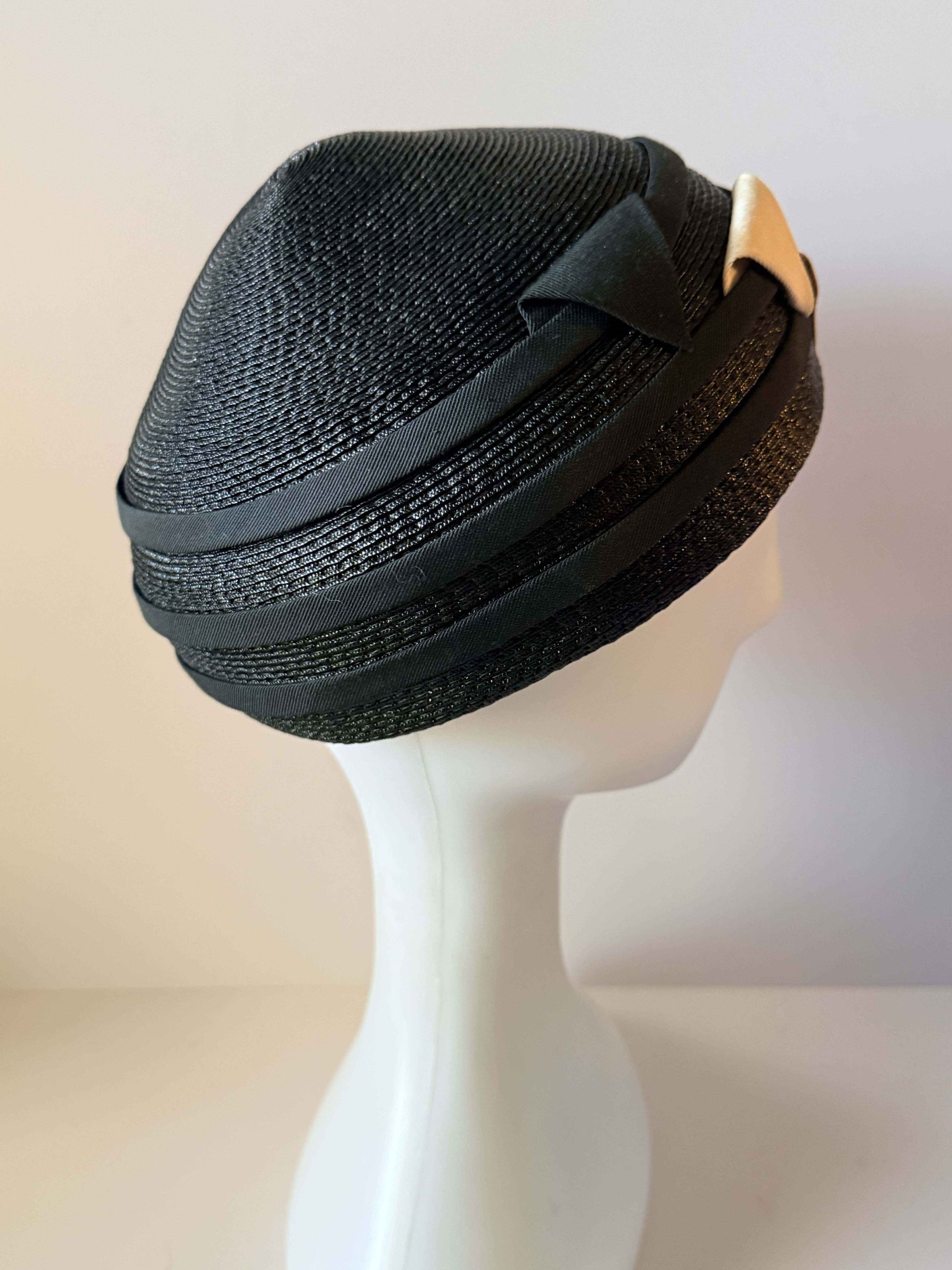 Vintage 1960s Black Straw Pillbox Hat | Mod Cocktail Hat | Geometric Ribbon Trim | Mid Century Millinery
