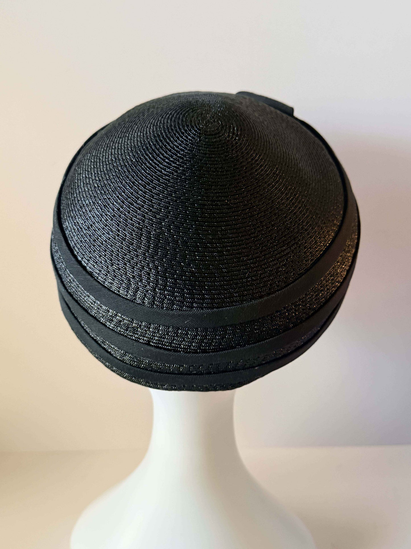 Vintage 1960s Black Straw Pillbox Hat | Mod Cocktail Hat | Geometric Ribbon Trim | Mid Century Millinery