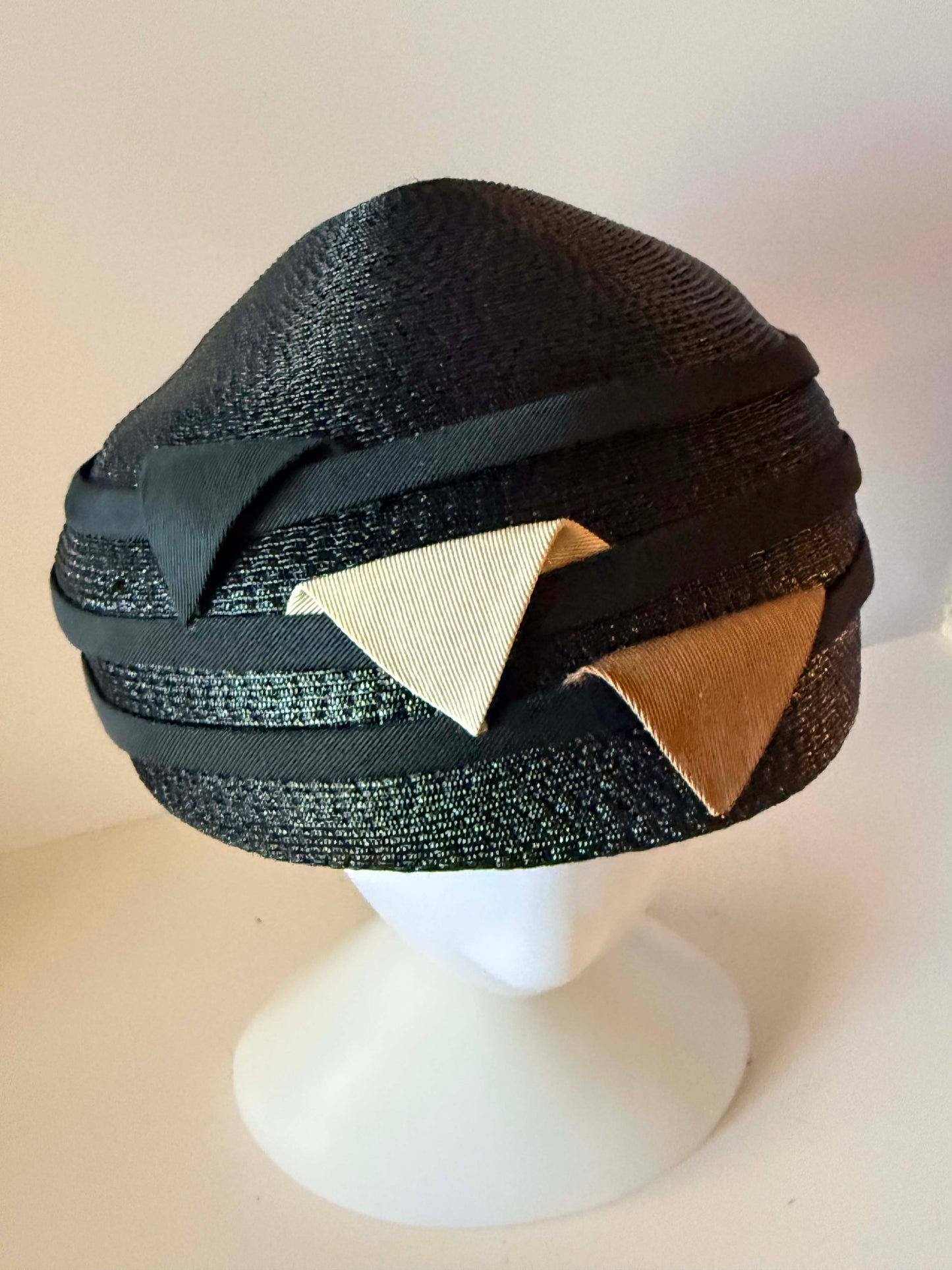 Vintage 1960s Black Straw Pillbox Hat | Mod Cocktail Hat | Geometric Ribbon Trim | Mid Century Millinery