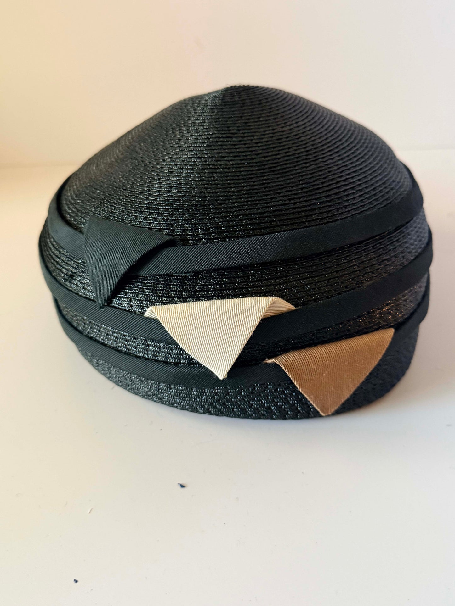 Vintage 1960s Black Straw Pillbox Hat | Mod Cocktail Hat | Geometric Ribbon Trim | Mid Century Millinery