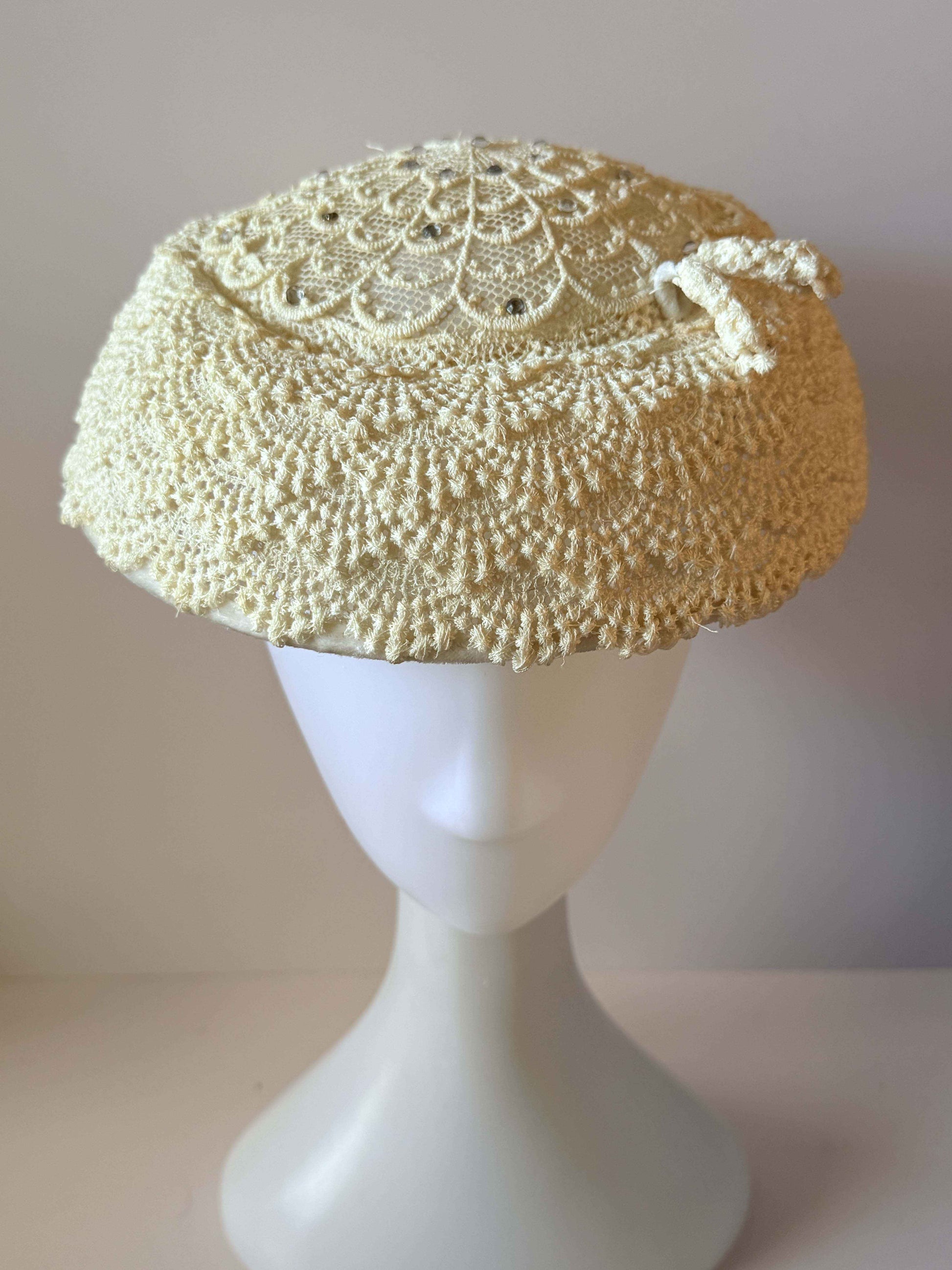 Vintage 1950s Ivory Bridal Hat | Hand Crocheted Lace Wedding Hat | Rhinestone Accents | Vintage Bridal Millinery