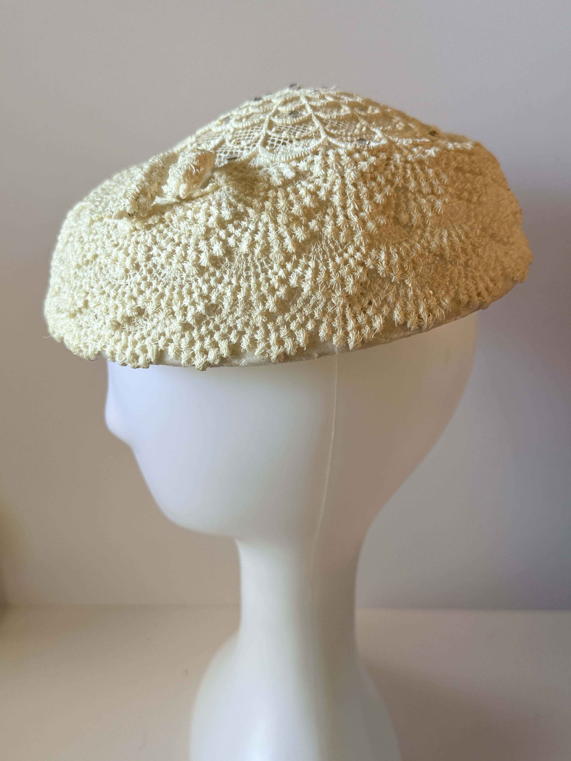 Vintage 1950s Ivory Bridal Hat | Hand Crocheted Lace Wedding Hat | Rhinestone Accents | Vintage Bridal Millinery