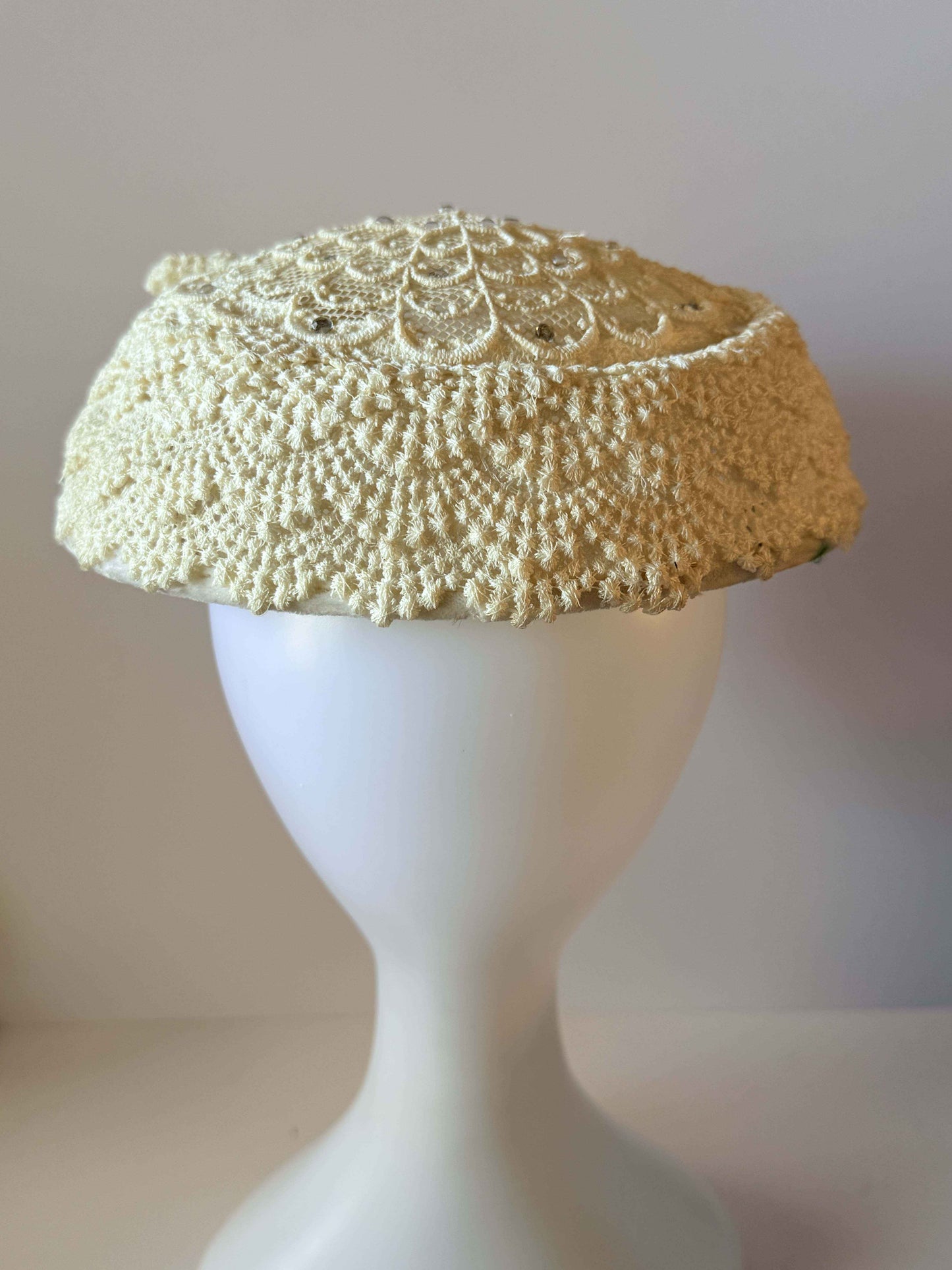 Vintage 1950s Ivory Bridal Hat | Hand Crocheted Lace Wedding Hat | Rhinestone Accents | Vintage Bridal Millinery