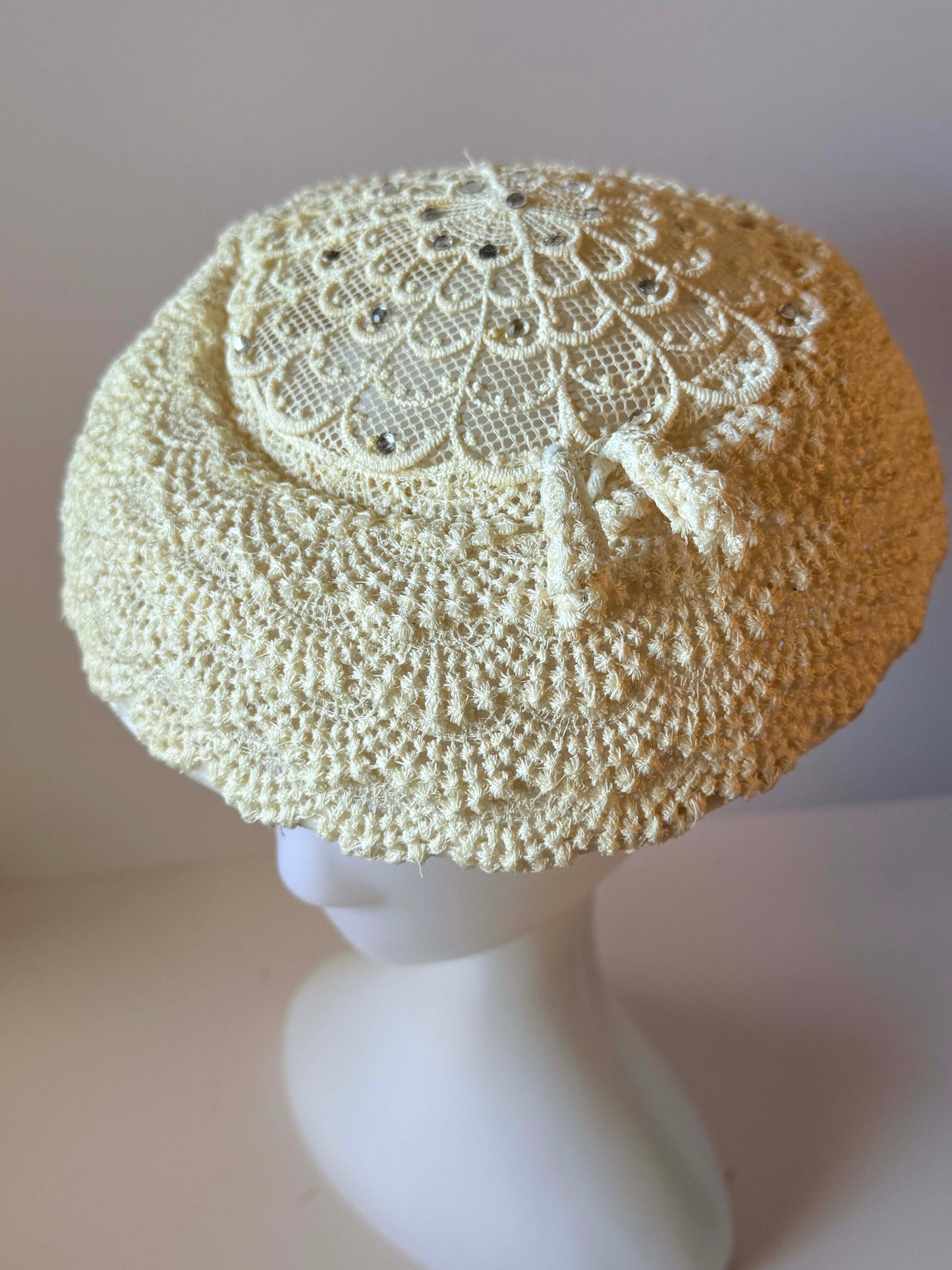 Vintage 1950s Ivory Bridal Hat | Hand Crocheted Lace Wedding Hat | Rhinestone Accents | Vintage Bridal Millinery