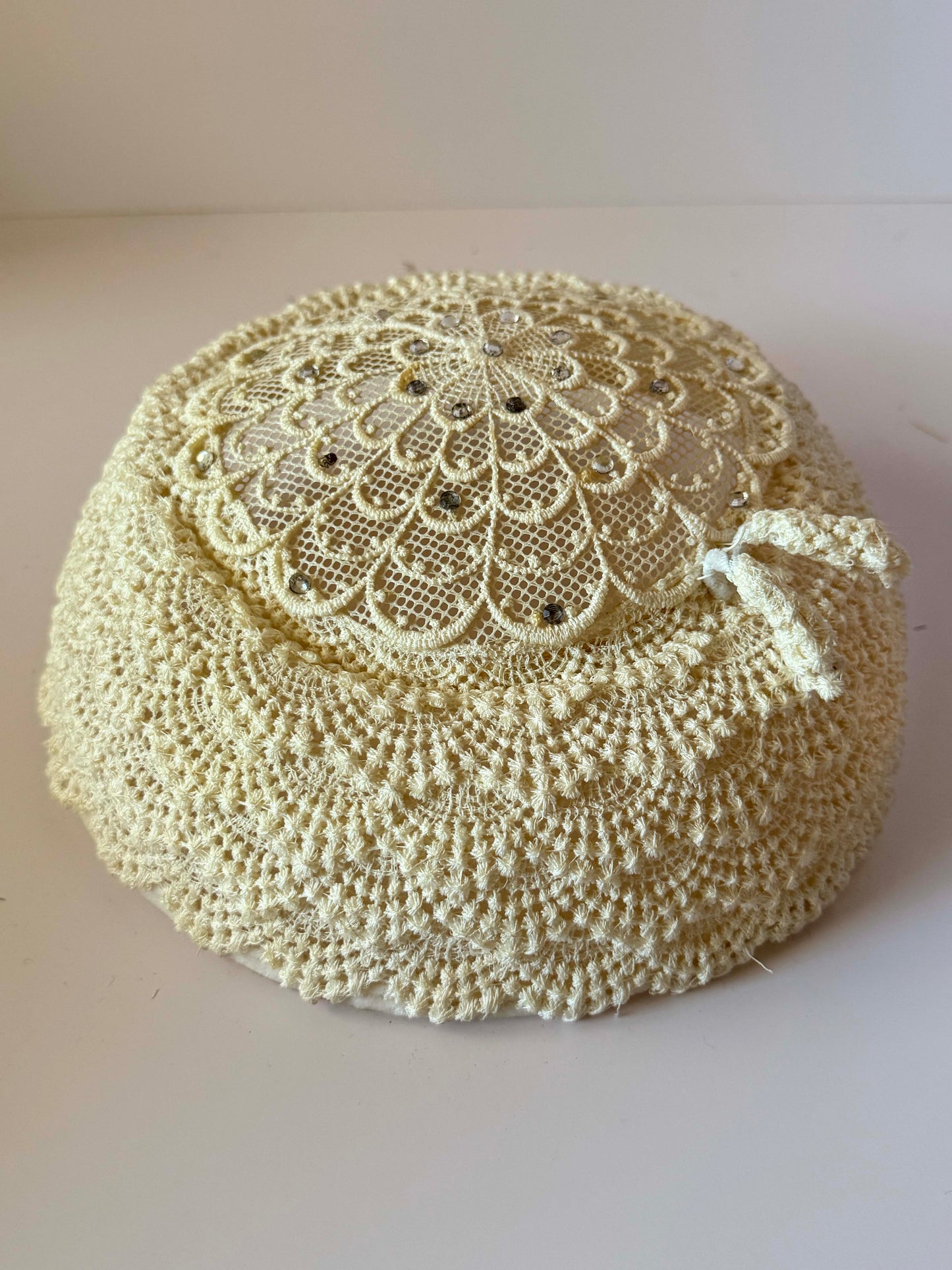 Vintage 1950s Ivory Bridal Hat | Hand Crocheted Lace Wedding Hat | Rhinestone Accents | Vintage Bridal Millinery