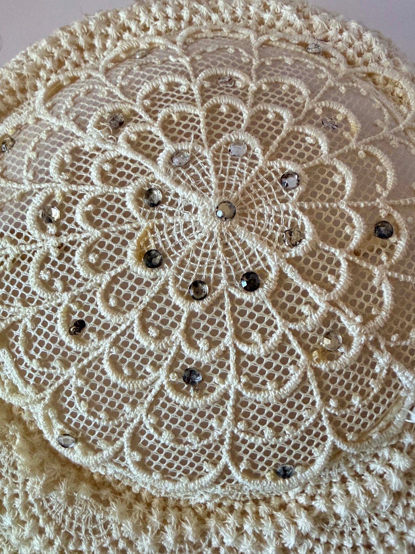 Vintage 1950s Ivory Bridal Hat | Hand Crocheted Lace Wedding Hat | Rhinestone Accents | Vintage Bridal Millinery