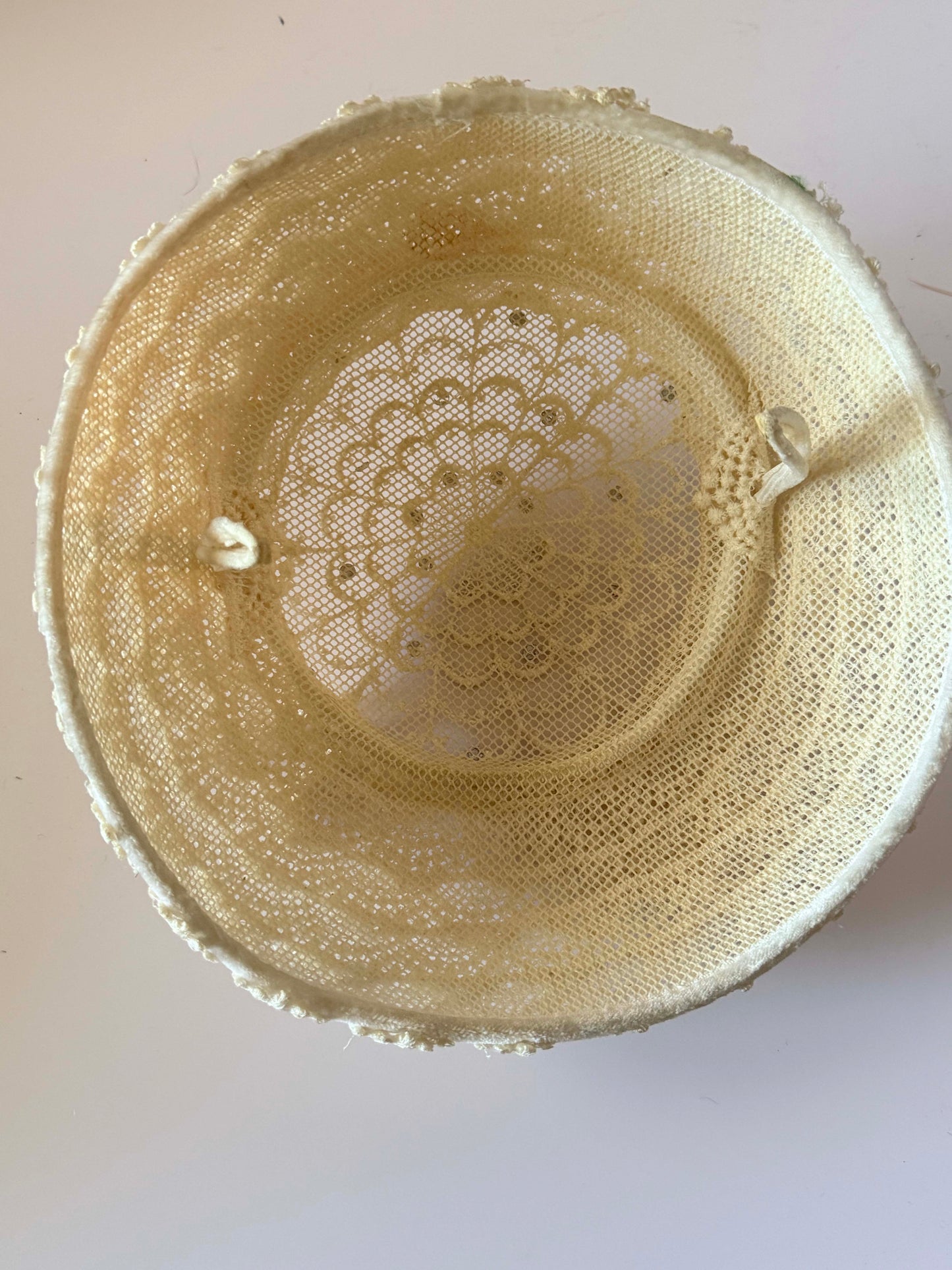 Vintage 1950s Ivory Bridal Hat | Hand Crocheted Lace Wedding Hat | Rhinestone Accents | Vintage Bridal Millinery