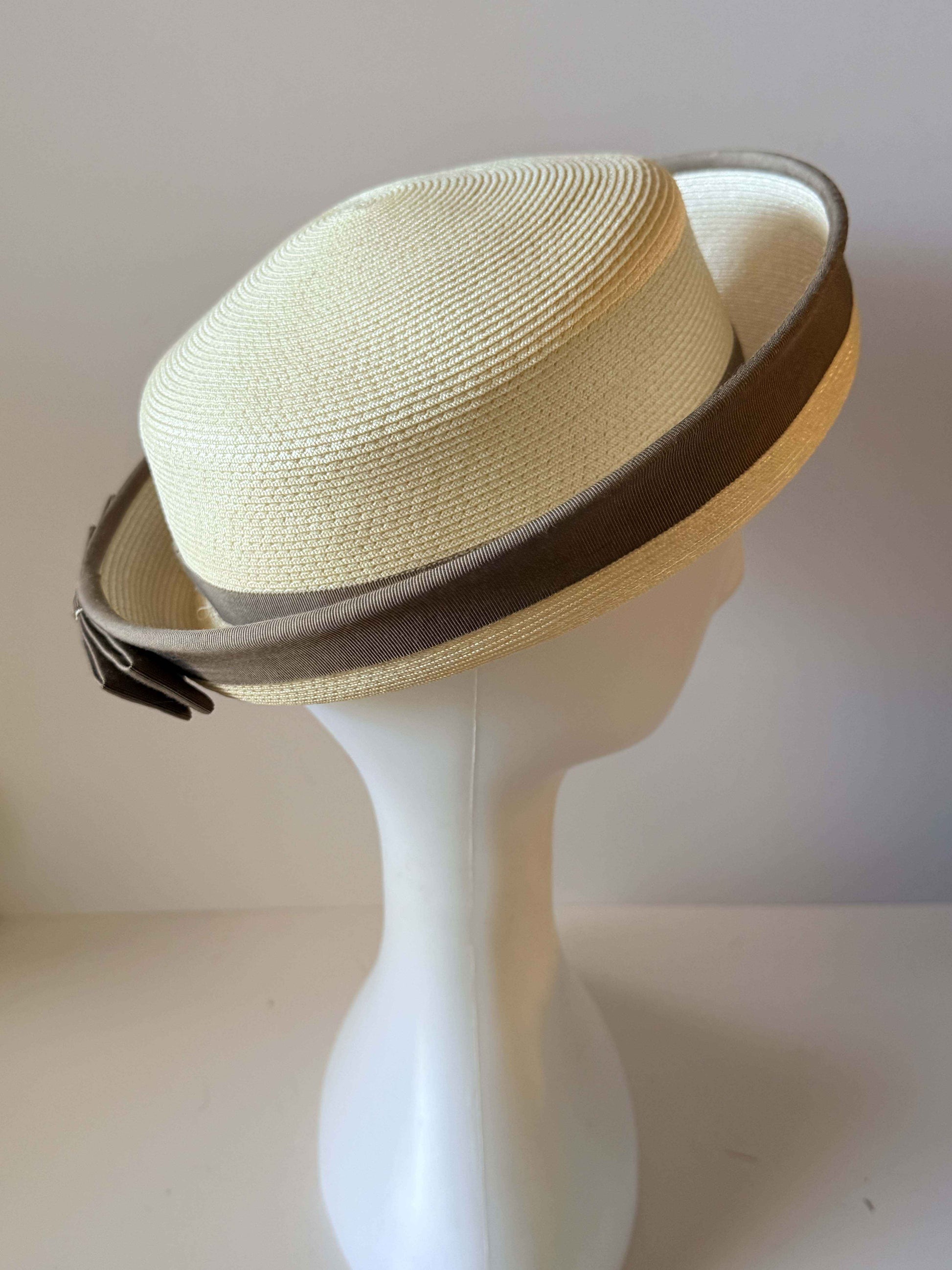 Vintage Ivory Straw Boater Hat Taupe Grosgrain Bow Mid Century Skimmer Hat Summer Straw Hat 1950s 1960s Women's Millinery