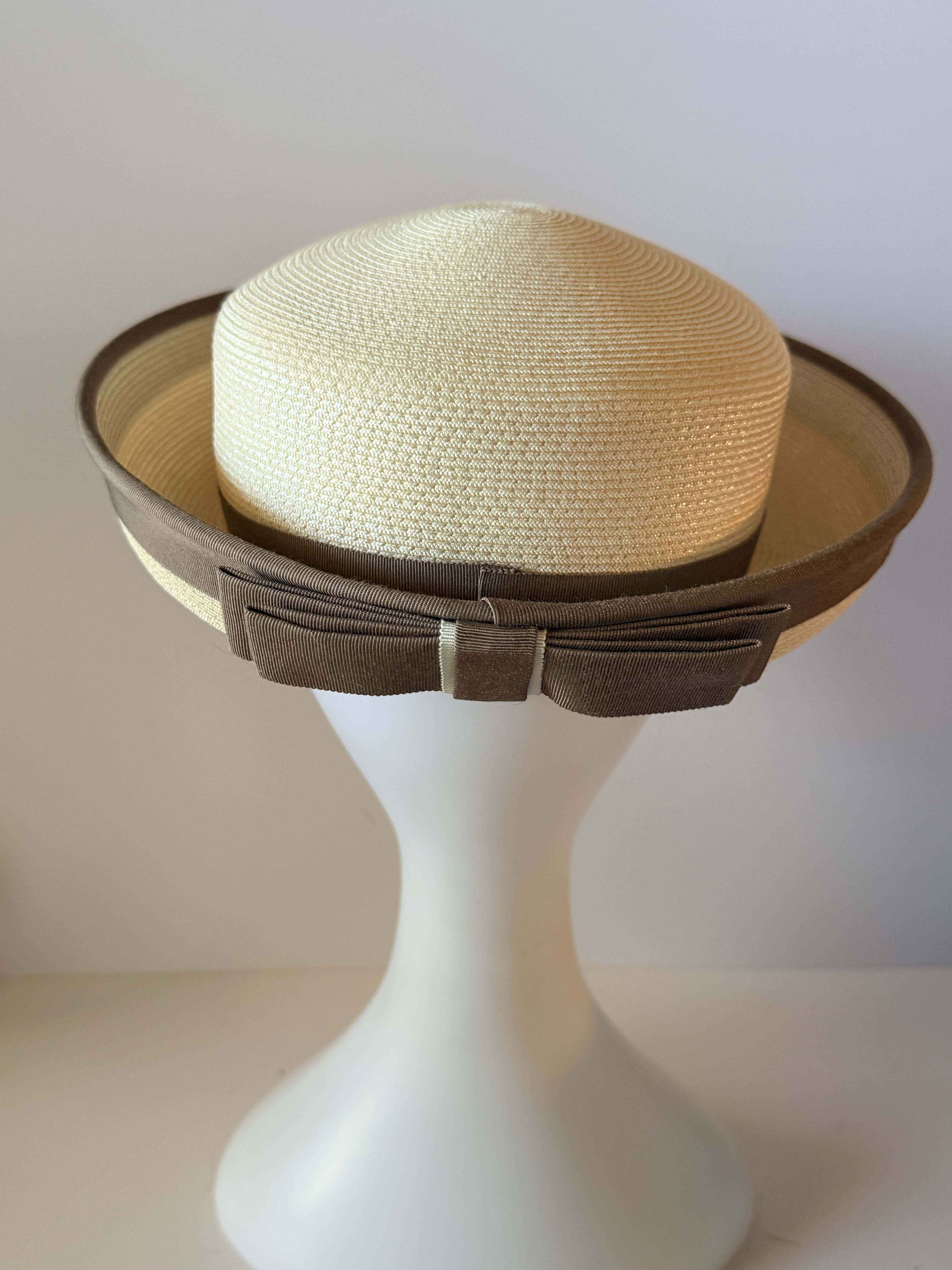Vintage Ivory Straw Boater Hat Taupe Grosgrain Bow Mid Century Skimmer Hat Summer Straw Hat 1950s 1960s Women's Millinery