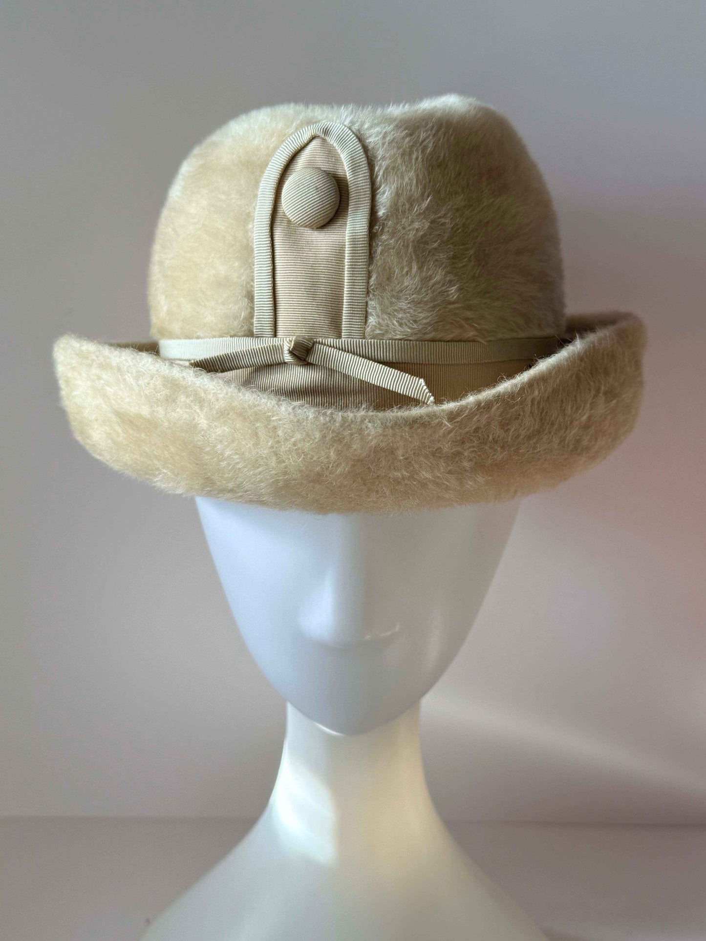 Mr. John Empress Ivory Angora Hat | Vintage Designer Bucket Hat | Luxury Fuzzy Winter Hat | 1960s Women's Hat | Couture Millinery