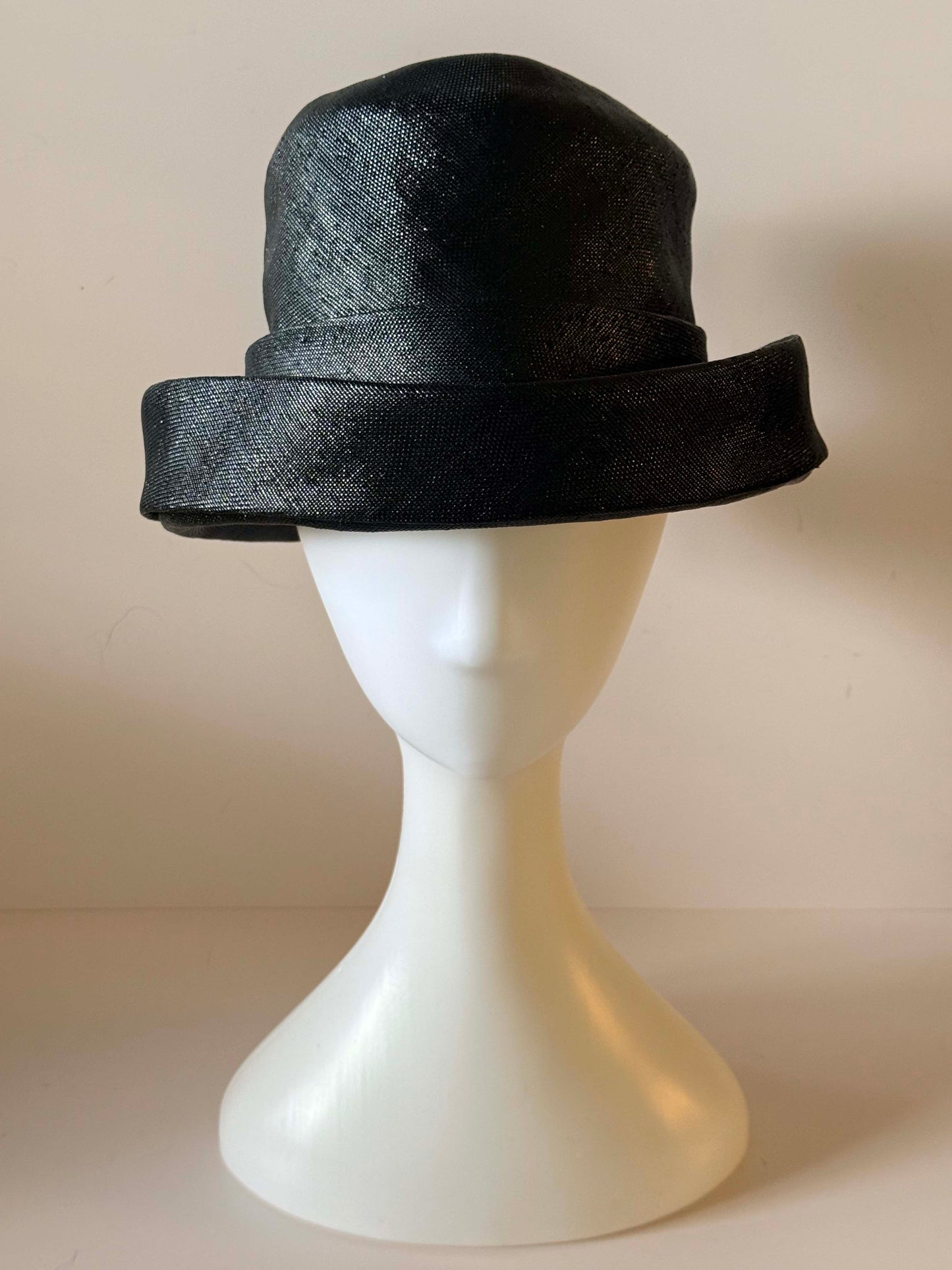 Vintage 1960s Mr. John Black Sinamay Straw Hat – Audrey Hepburn Style, Designer Couture Millinery
