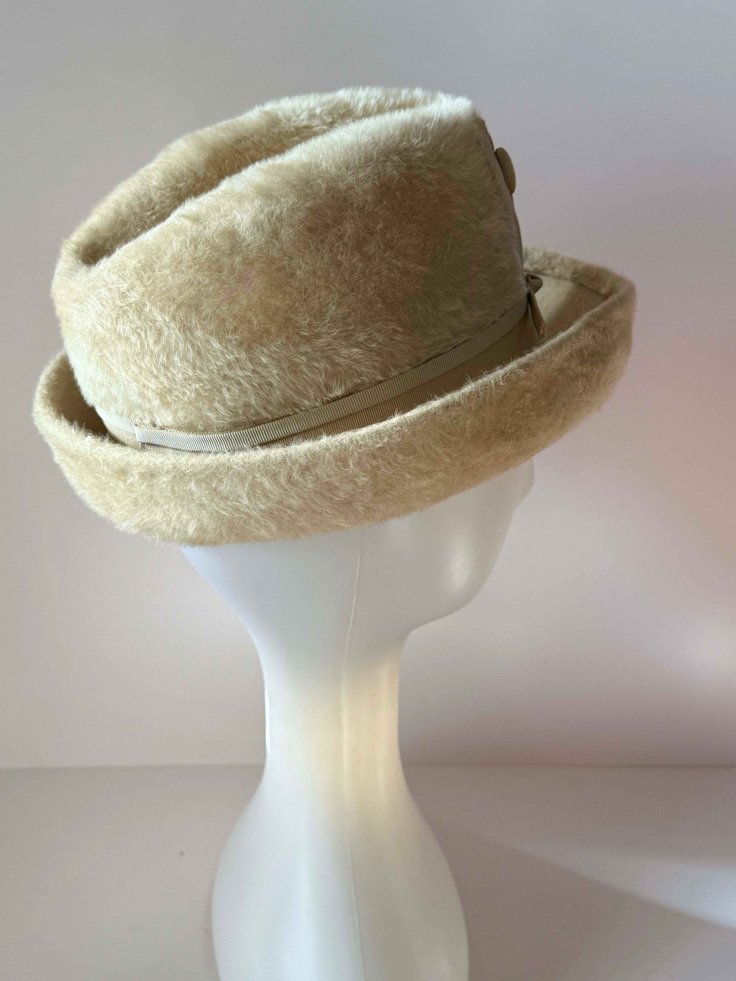 Mr. John Empress Ivory Angora Hat | Vintage Designer Bucket Hat | Luxury Fuzzy Winter Hat | 1960s Women's Hat | Couture Millinery