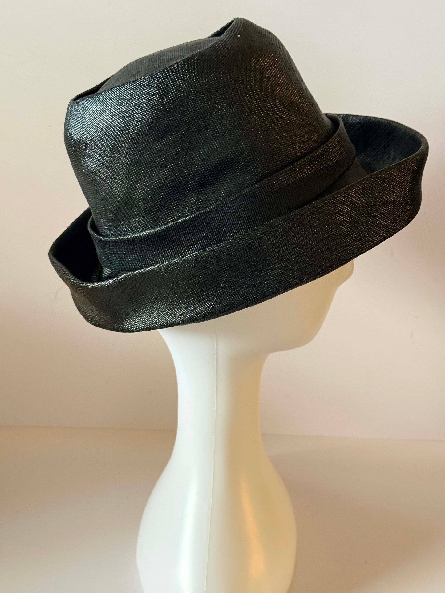 Vintage 1960s Mr. John Black Sinamay Straw Hat – Audrey Hepburn Style, Designer Couture Millinery