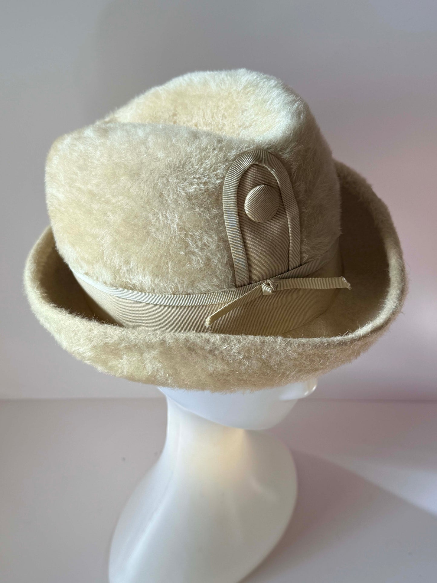 Mr. John Empress Ivory Angora Hat | Vintage Designer Bucket Hat | Luxury Fuzzy Winter Hat | 1960s Women's Hat | Couture Millinery
