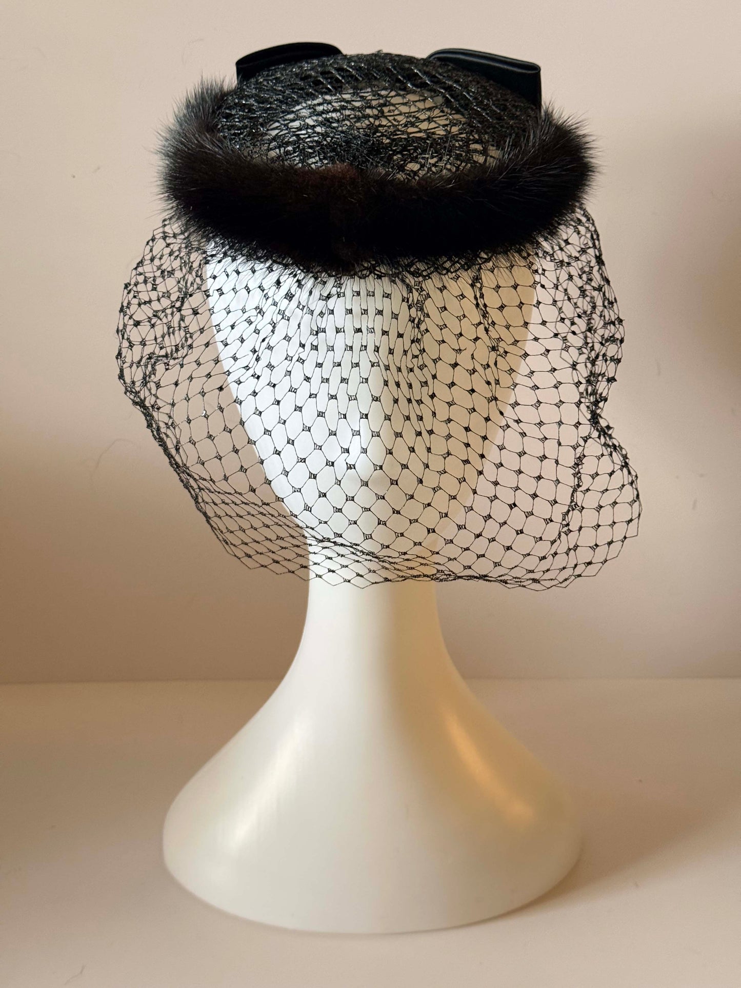 Vintage 1950s Valerie Modes Veiled Cocktail Hat – Mink Fur Trim Fascinator with Netting