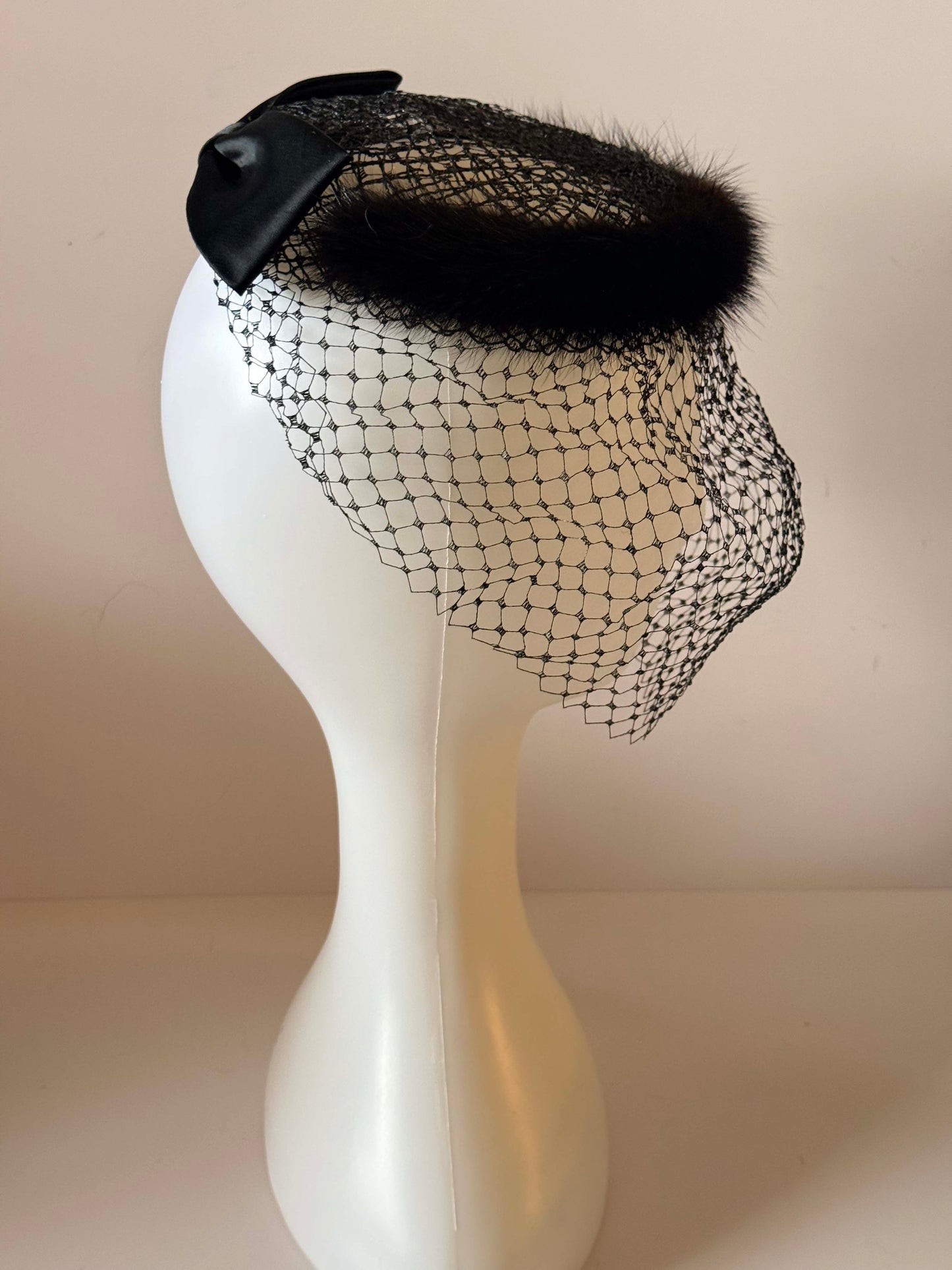 Vintage 1950s Valerie Modes Veiled Cocktail Hat – Mink Fur Trim Fascinator with Netting