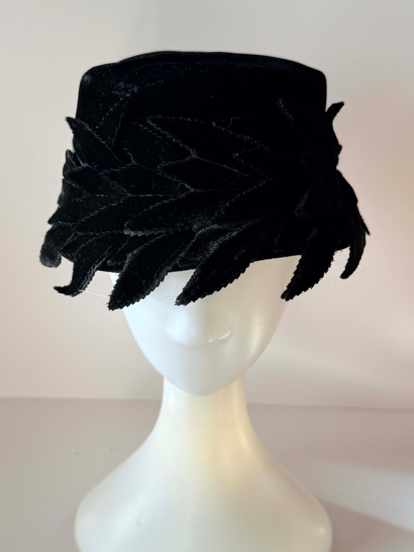 Vintage Black Velvet Bucket Hat | 1960s Feather Trim Cocktail Hat | Classic Women's Formal Hat | Audrey Hepburn Style | Mid Century Millinery