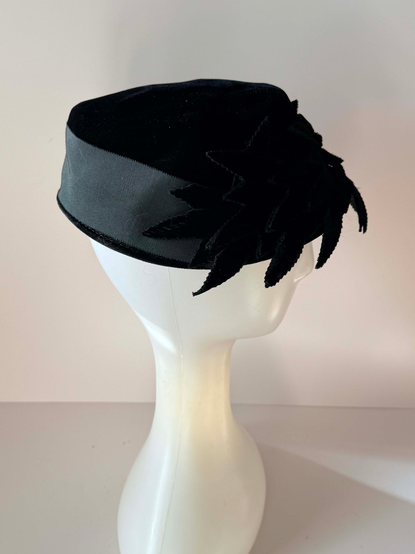Vintage Black Velvet Bucket Hat | 1960s Feather Trim Cocktail Hat | Classic Women's Formal Hat | Audrey Hepburn Style | Mid Century Millinery
