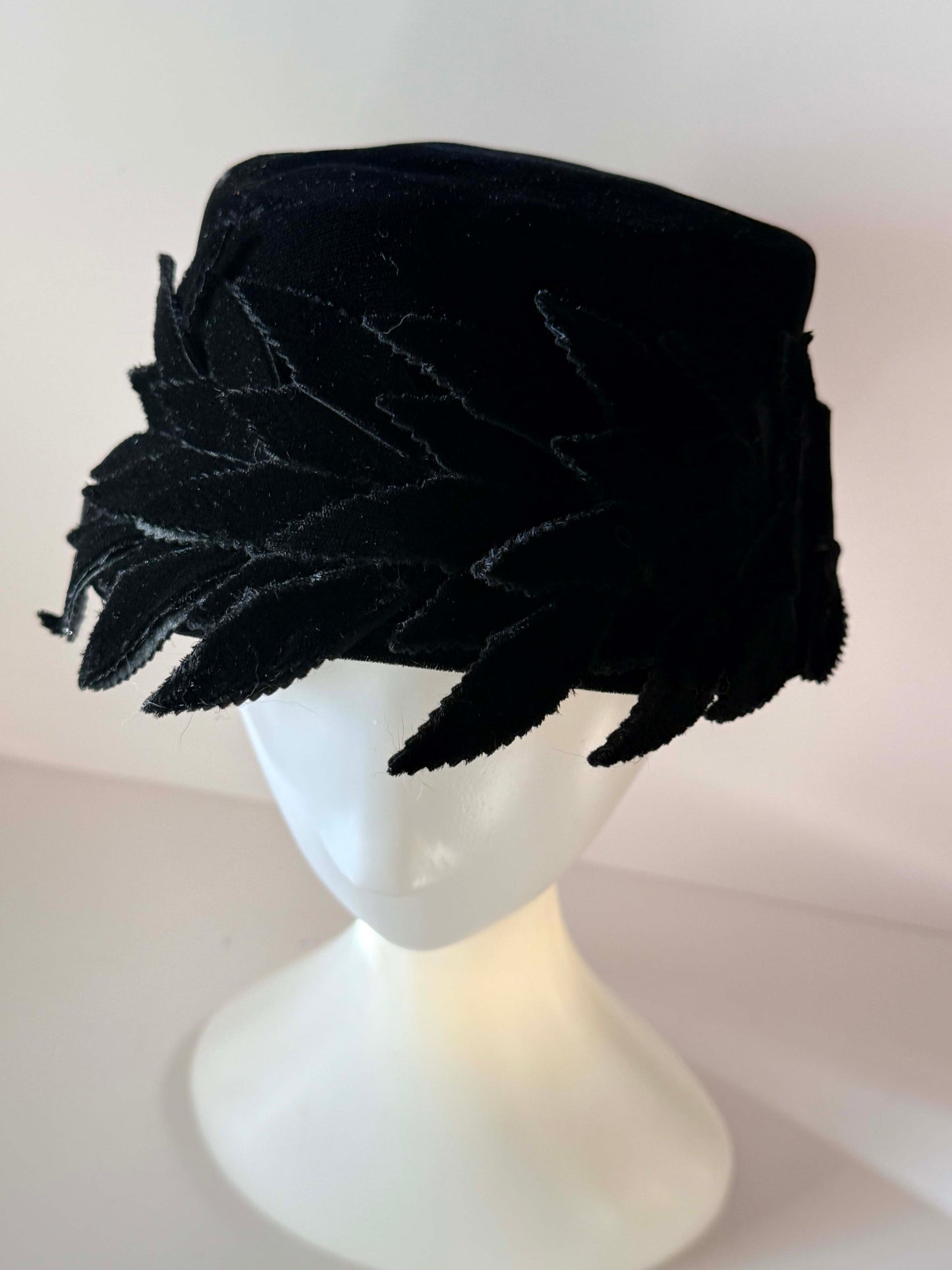 Vintage Black Velvet Bucket Hat | 1960s Feather Trim Cocktail Hat | Classic Women's Formal Hat | Audrey Hepburn Style | Mid Century Millinery