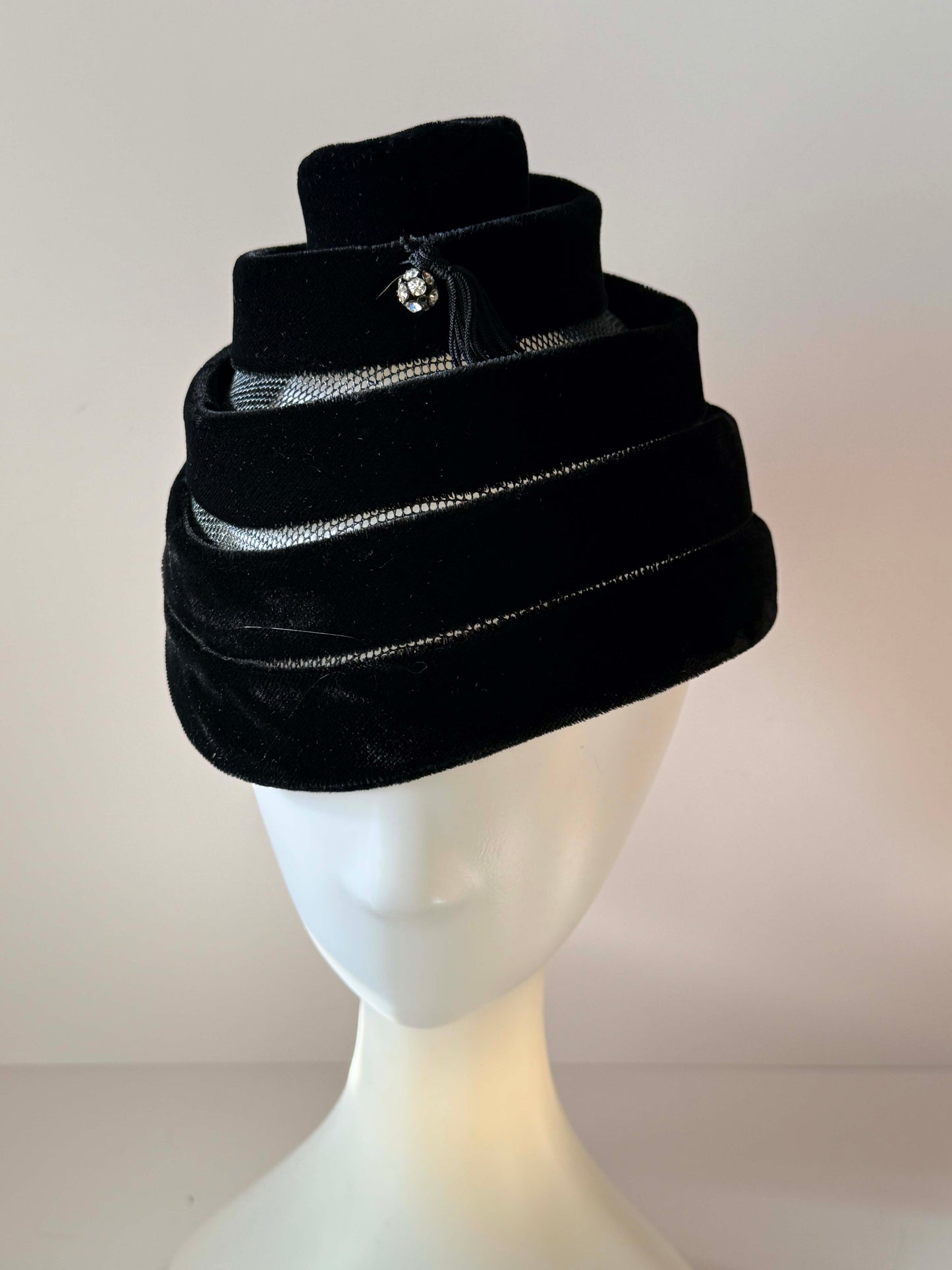 Vintage Black Velvet Tiered Cocktail Hat | Sculptural Swirl Hat with Rhinestone Tassel | 1960s Avant Garde Women's Hat