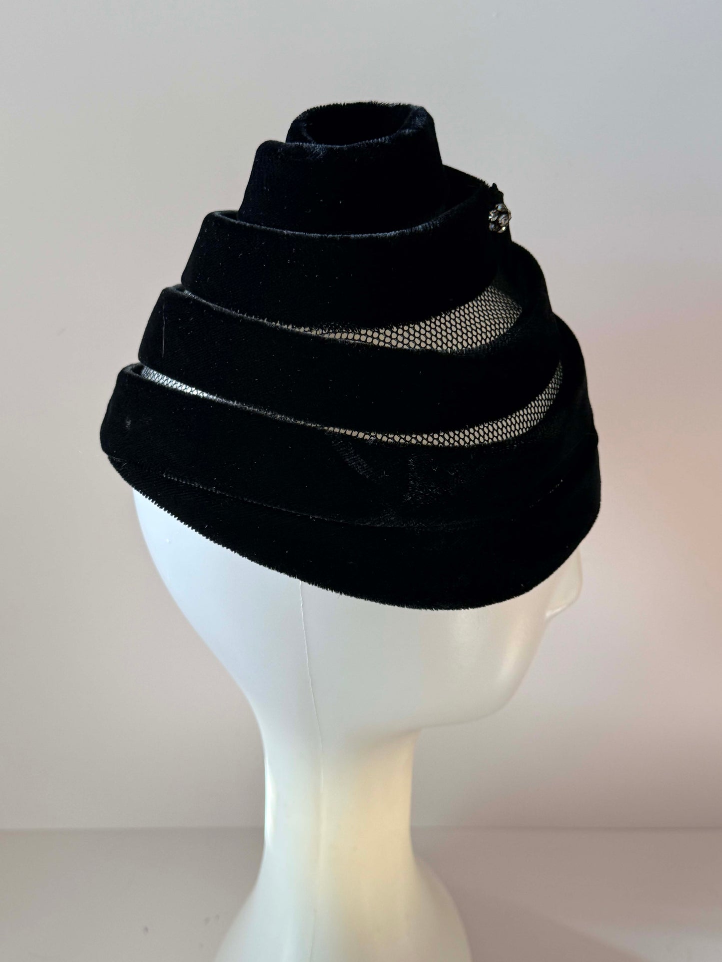 Vintage Black Velvet Tiered Cocktail Hat | Sculptural Swirl Hat with Rhinestone Tassel | 1960s Avant Garde Women's Hat