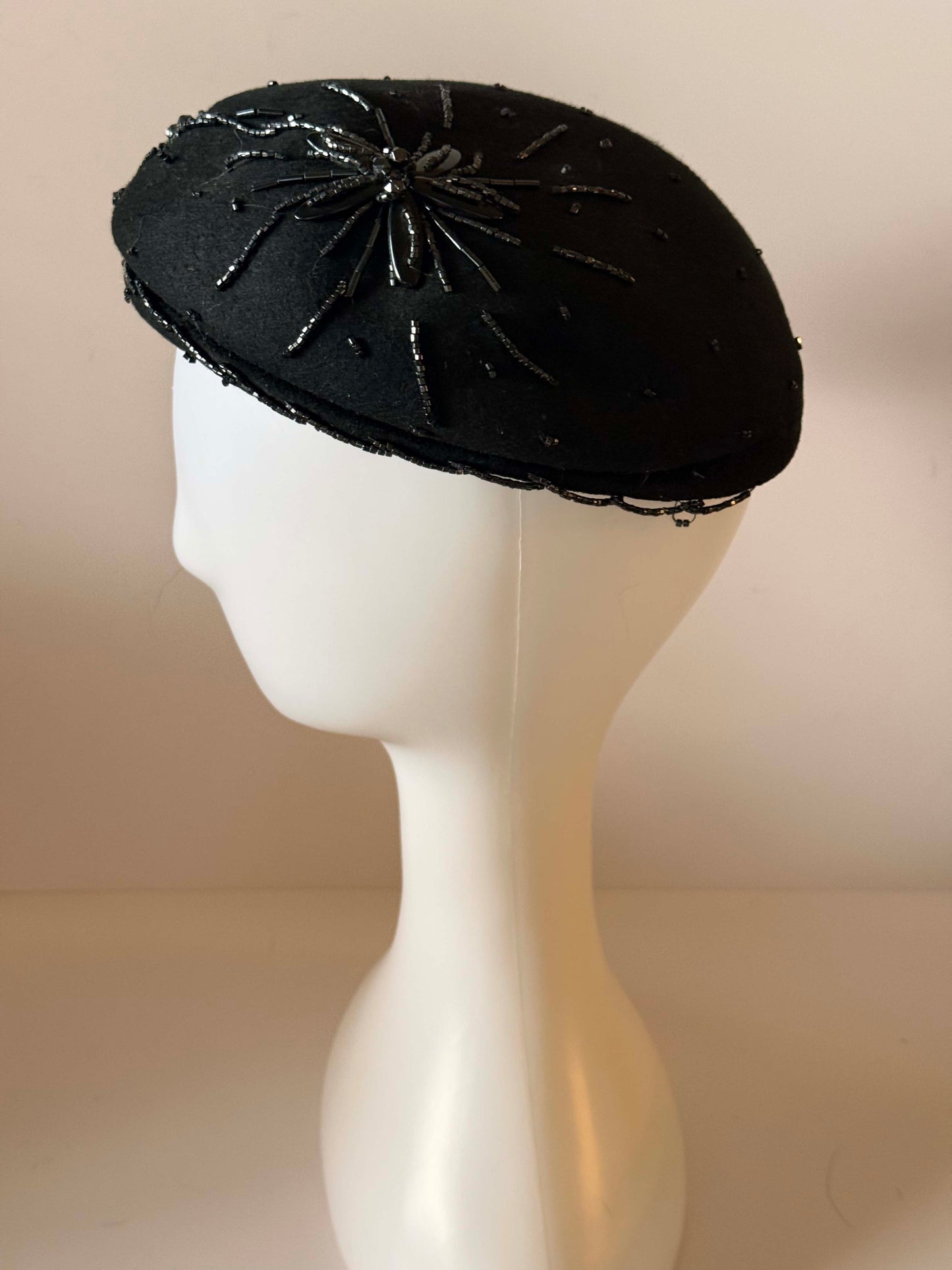 Vintage 1950s Black Beaded Beret Hat – Glenover Henry Pollak Co New York Wool Felt Beret