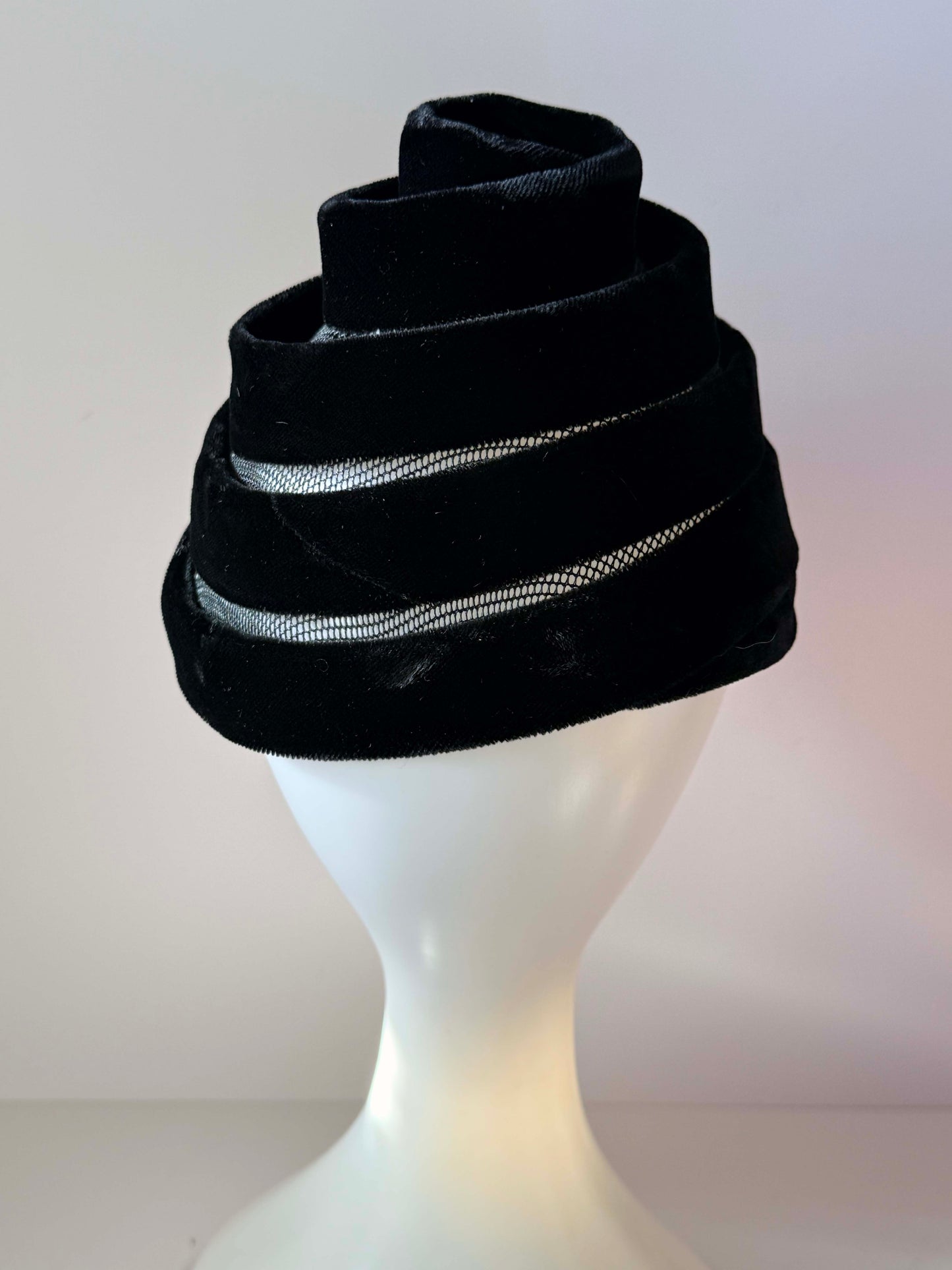 Vintage Black Velvet Tiered Cocktail Hat | Sculptural Swirl Hat with Rhinestone Tassel | 1960s Avant Garde Women's Hat