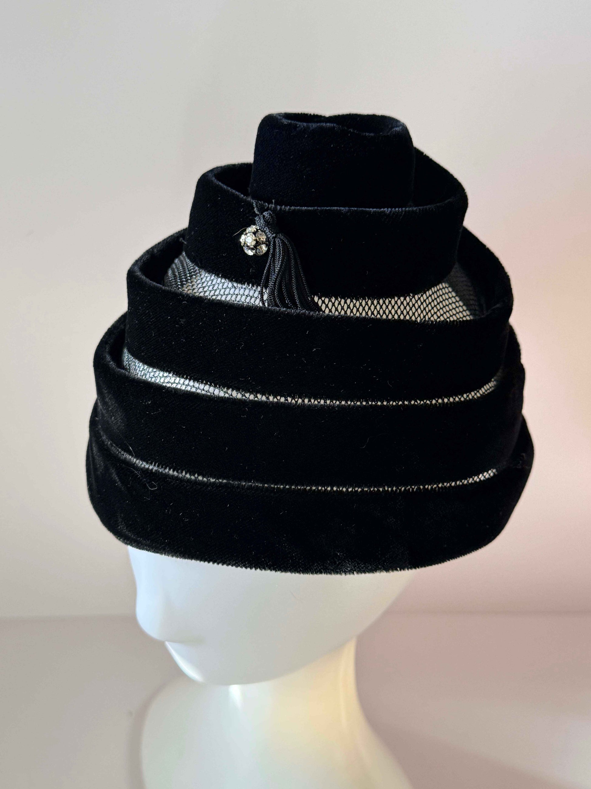 Vintage Black Velvet Tiered Cocktail Hat | Sculptural Swirl Hat with Rhinestone Tassel | 1960s Avant Garde Women's Hat