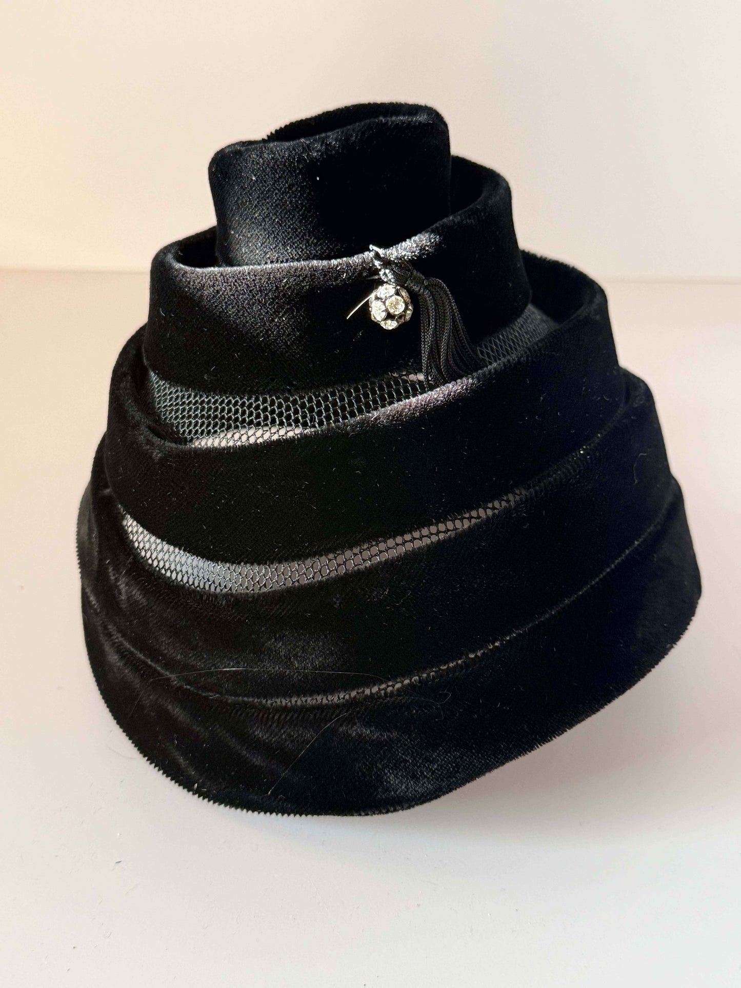 Vintage Black Velvet Tiered Cocktail Hat | Sculptural Swirl Hat with Rhinestone Tassel | 1960s Avant Garde Women's Hat