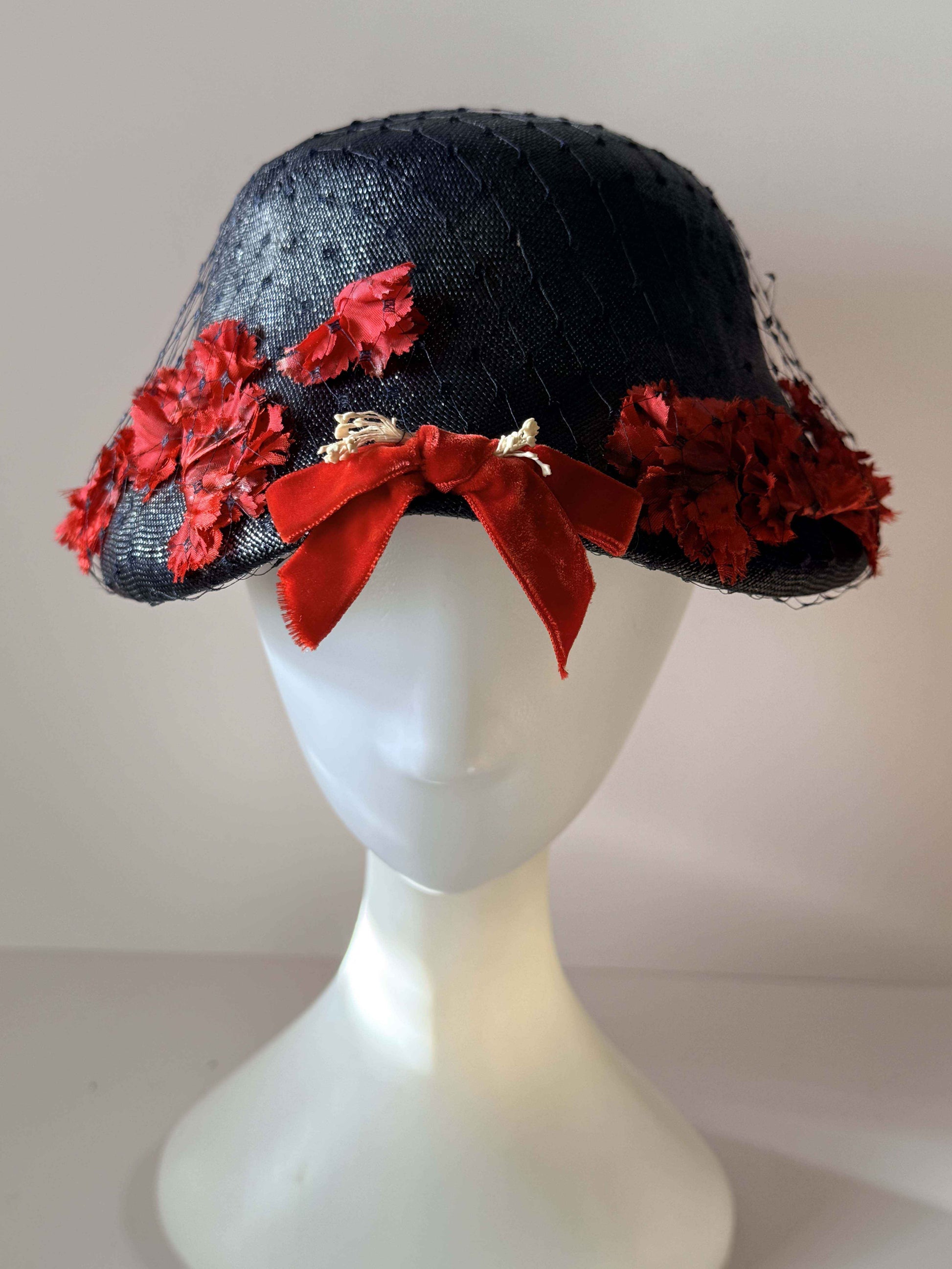 Vintage Marche Exclusive Navy Blue Cloche Hat | Red Floral Trim | 1960s Cocktail Hat | Church Hat | Women's Vintage Hat
