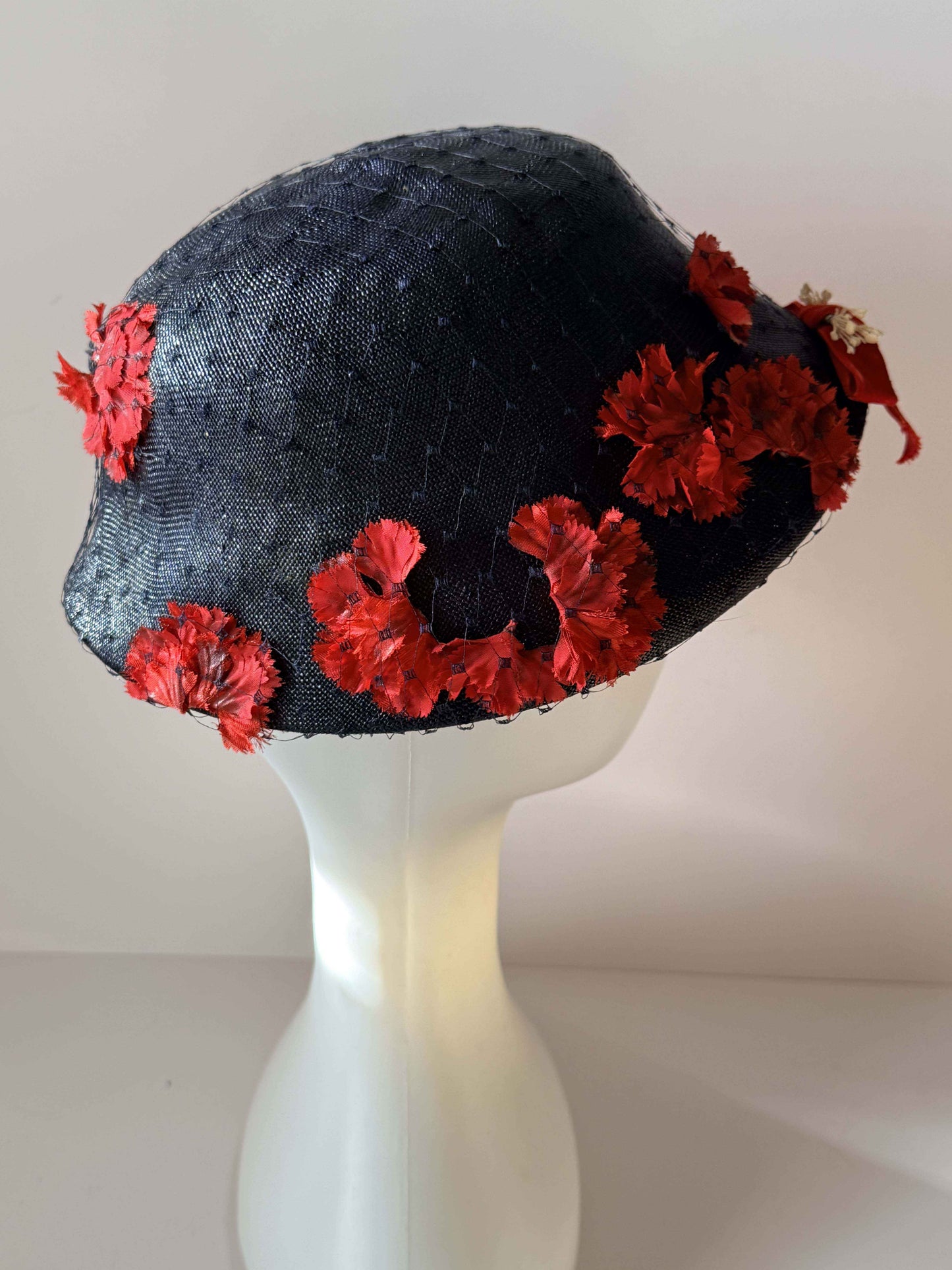 Vintage Marche Exclusive Navy Blue Cloche Hat | Red Floral Trim | 1960s Cocktail Hat | Church Hat | Women's Vintage Hat