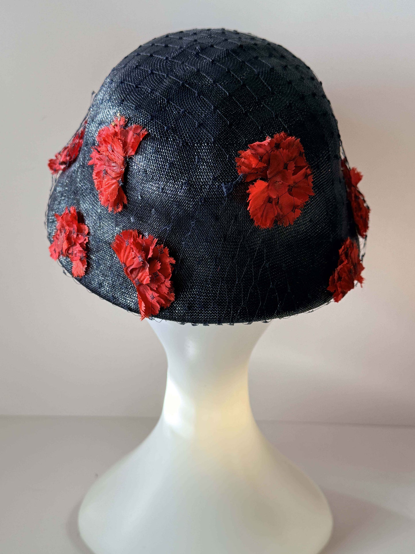 Vintage Marche Exclusive Navy Blue Cloche Hat | Red Floral Trim | 1960s Cocktail Hat | Church Hat | Women's Vintage Hat