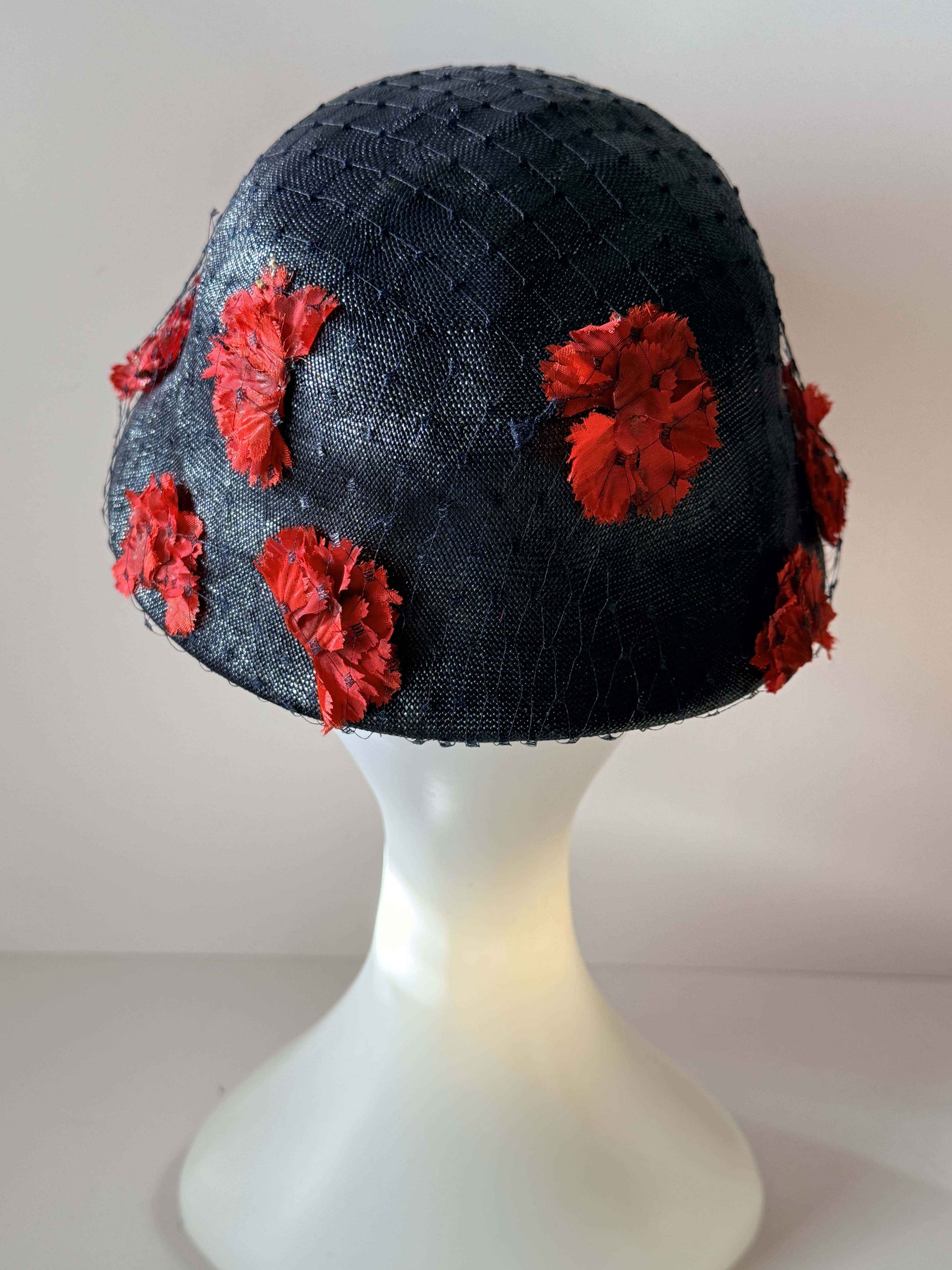 Vintage Marche Exclusive Navy Blue Cloche Hat | Red Floral Trim | 1960s Cocktail Hat | Church Hat | Women's Vintage Hat