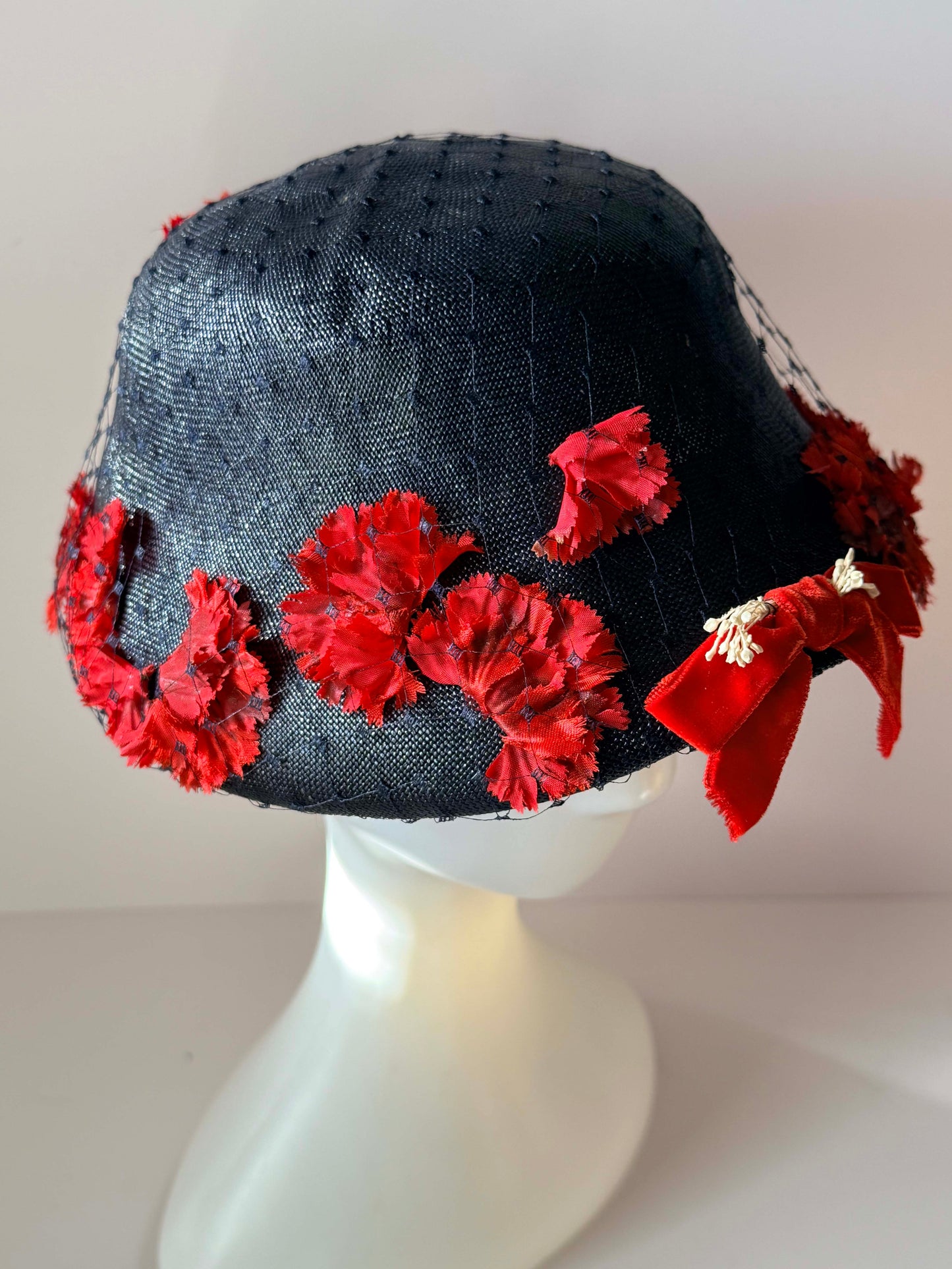 Vintage Marche Exclusive Navy Blue Cloche Hat | Red Floral Trim | 1960s Cocktail Hat | Church Hat | Women's Vintage Hat