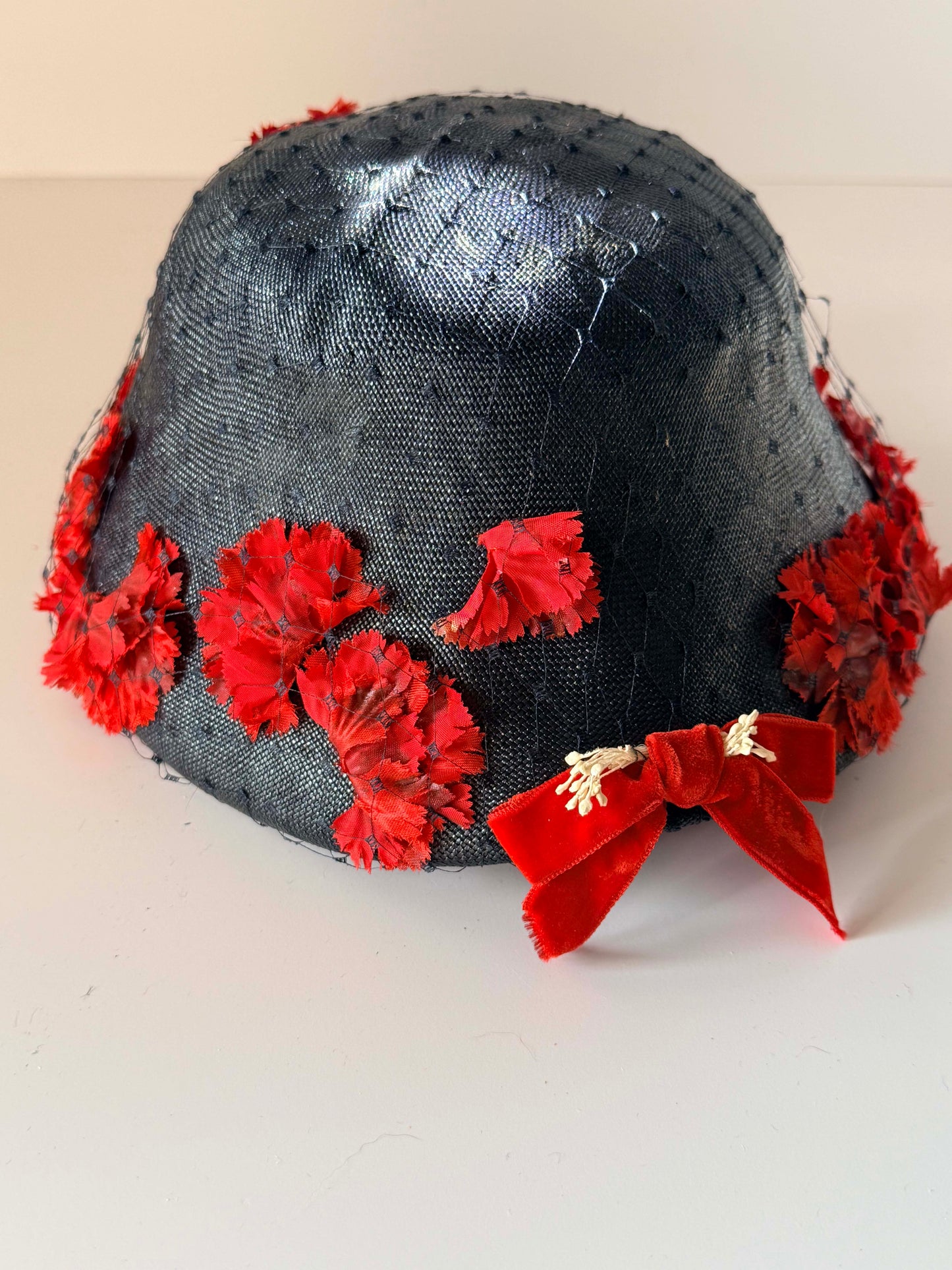 Vintage Marche Exclusive Navy Blue Cloche Hat | Red Floral Trim | 1960s Cocktail Hat | Church Hat | Women's Vintage Hat