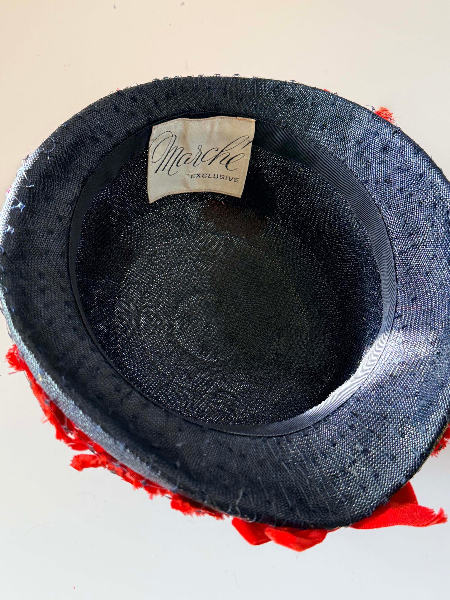 Vintage Marche Exclusive Navy Blue Cloche Hat | Red Floral Trim | 1960s Cocktail Hat | Church Hat | Women's Vintage Hat