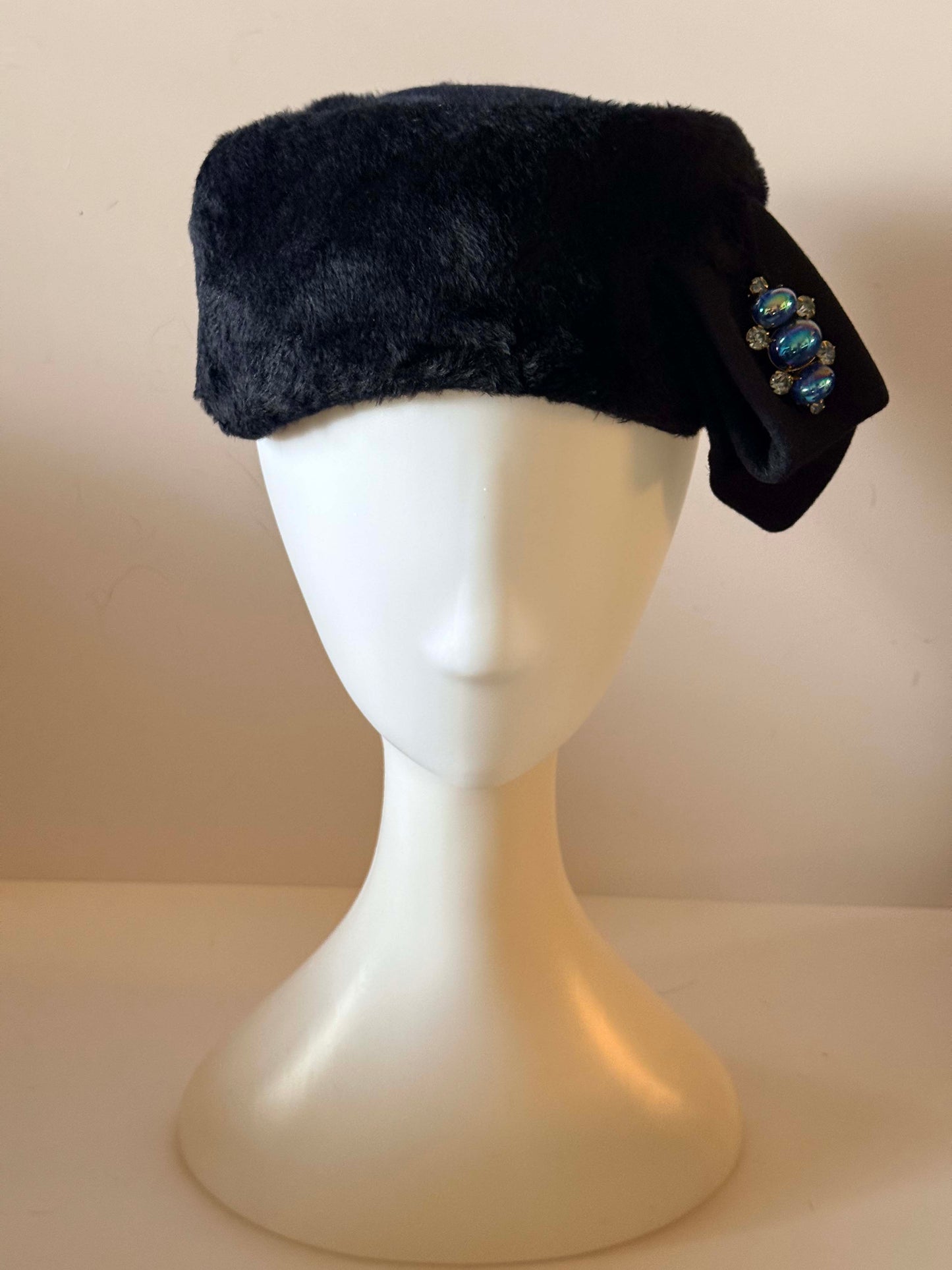 Vintage 1950s Sincerely Jenny Black Fur Hat – Rhinestone &amp; Blue Cabochon Fur Pillbox Hat