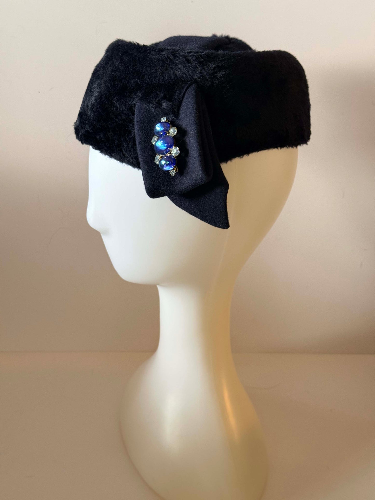 Vintage 1950s Sincerely Jenny Black Fur Hat – Rhinestone &amp; Blue Cabochon Fur Pillbox Hat