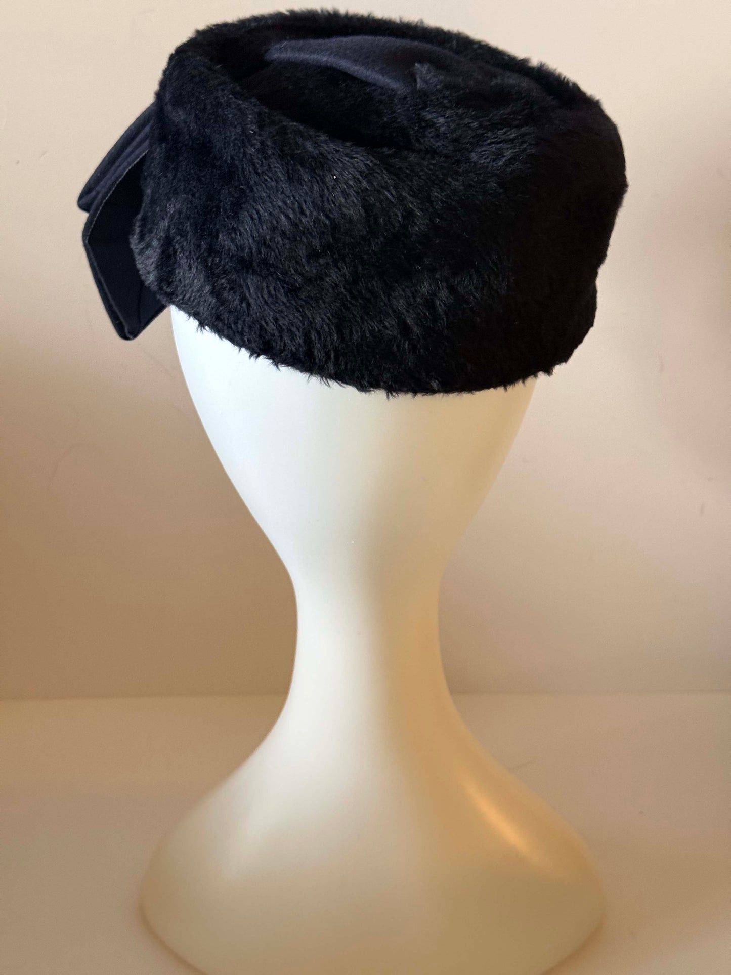 Vintage 1950s Sincerely Jenny Black Fur Hat – Rhinestone &amp; Blue Cabochon Fur Pillbox Hat