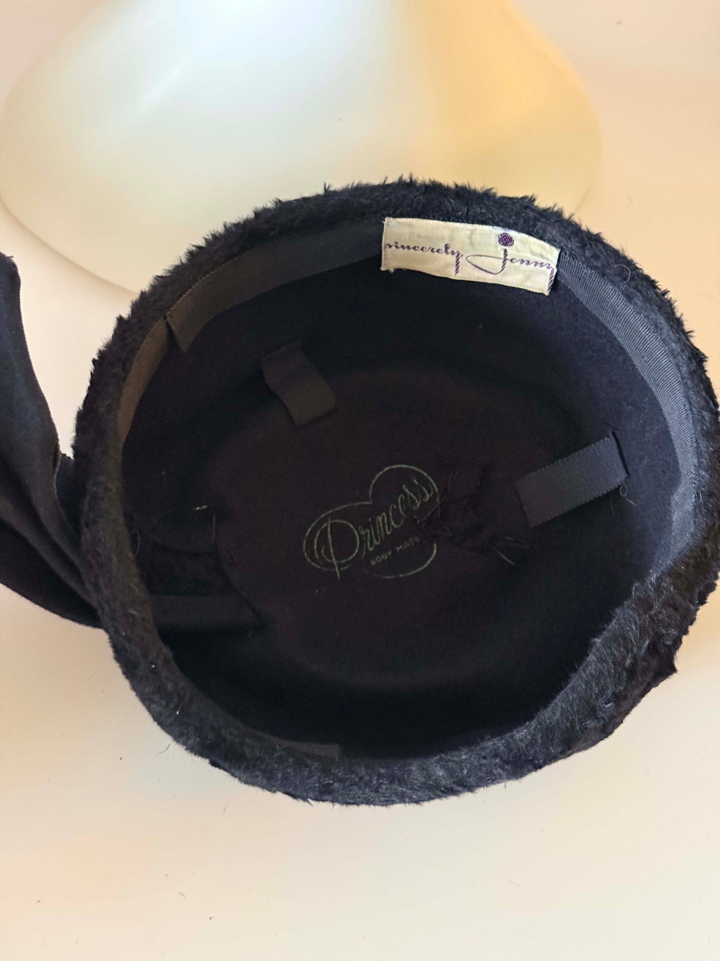 Vintage 1950s Sincerely Jenny Black Fur Hat – Rhinestone &amp; Blue Cabochon Fur Pillbox Hat