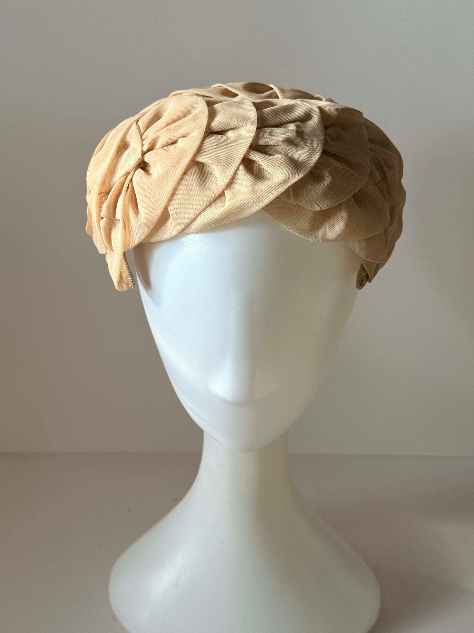 Vintage Champagne Halo Hat | Draped Cocktail Hat | 1950s Champagne Pillbox Hat | Elegant Wedding Hat | Mid Century Formal Millinery
