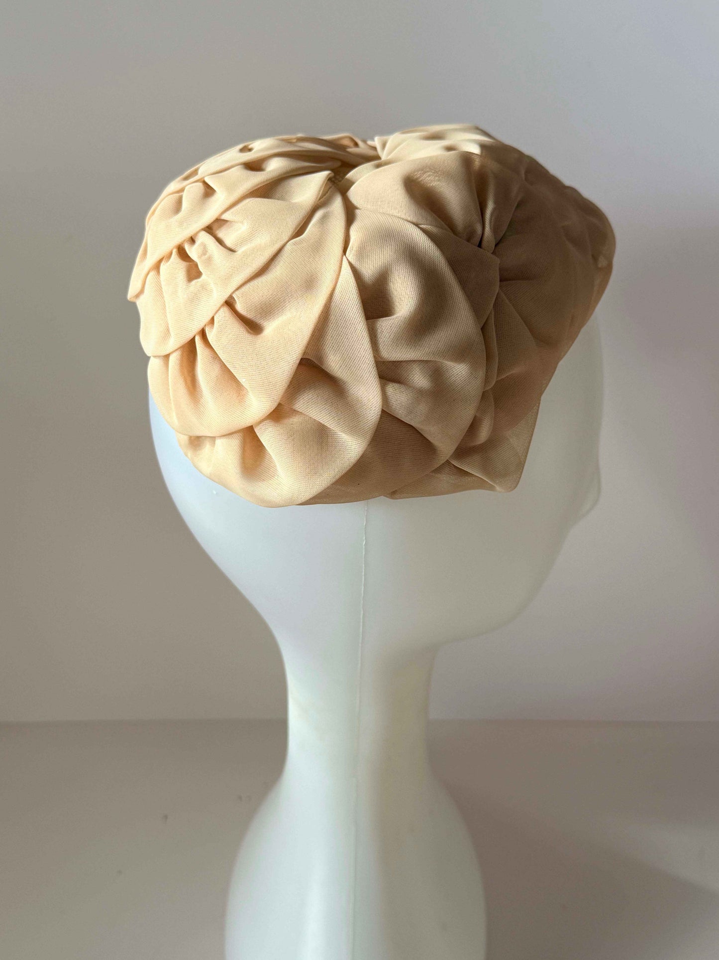 Vintage Champagne Halo Hat | Draped Cocktail Hat | 1950s Champagne Pillbox Hat | Elegant Wedding Hat | Mid Century Formal Millinery