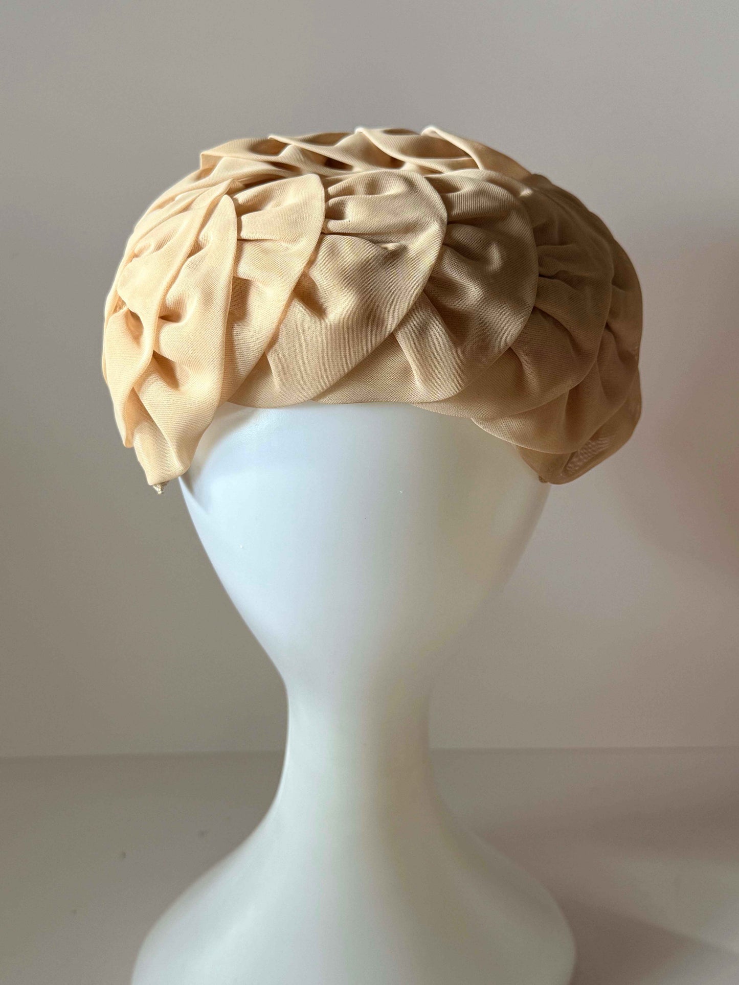 Vintage Champagne Halo Hat | Draped Cocktail Hat | 1950s Champagne Pillbox Hat | Elegant Wedding Hat | Mid Century Formal Millinery