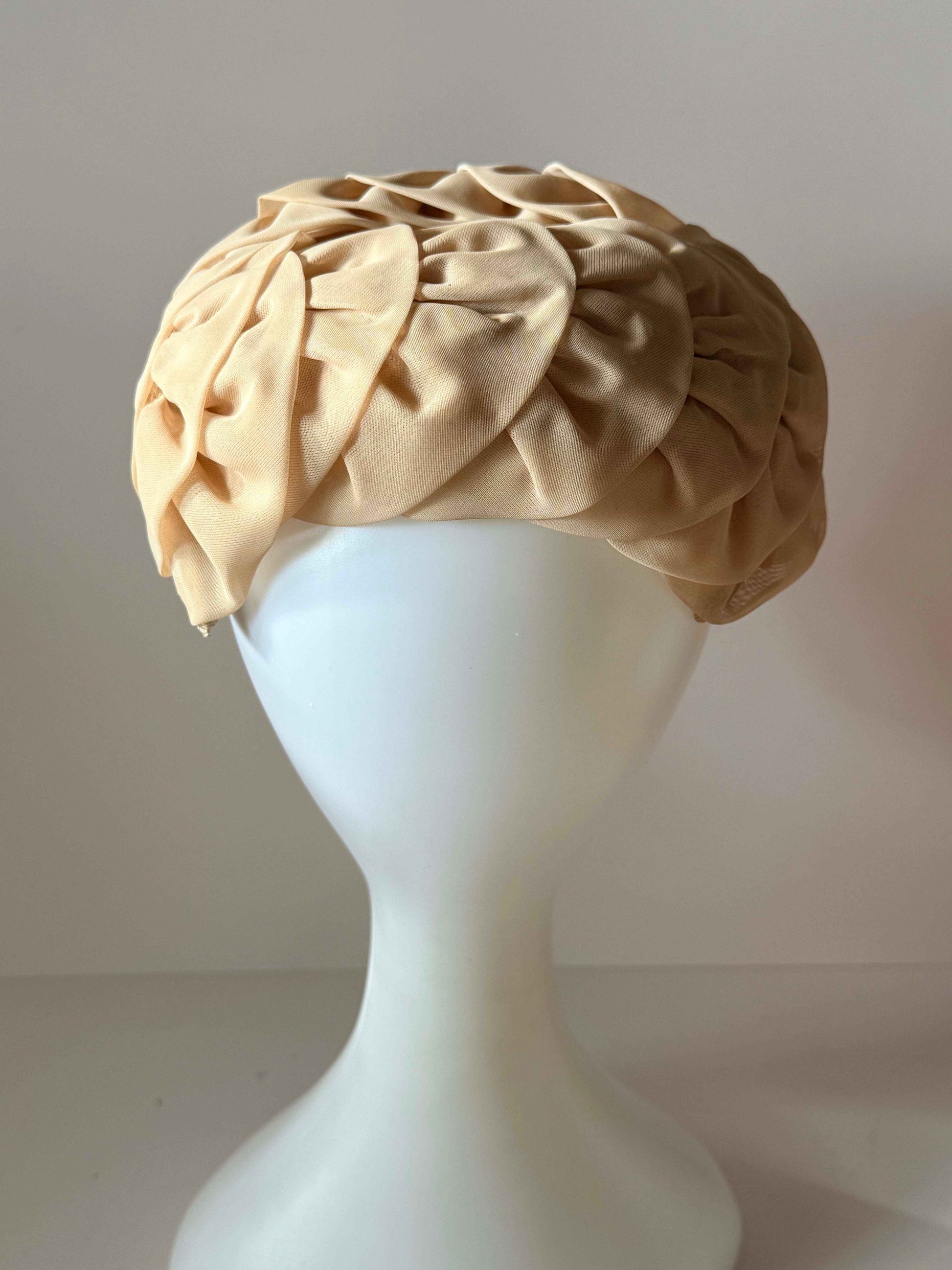 Vintage Champagne Halo Hat | Draped Cocktail Hat | 1950s Champagne Pillbox Hat | Elegant Wedding Hat | Mid Century Formal Millinery