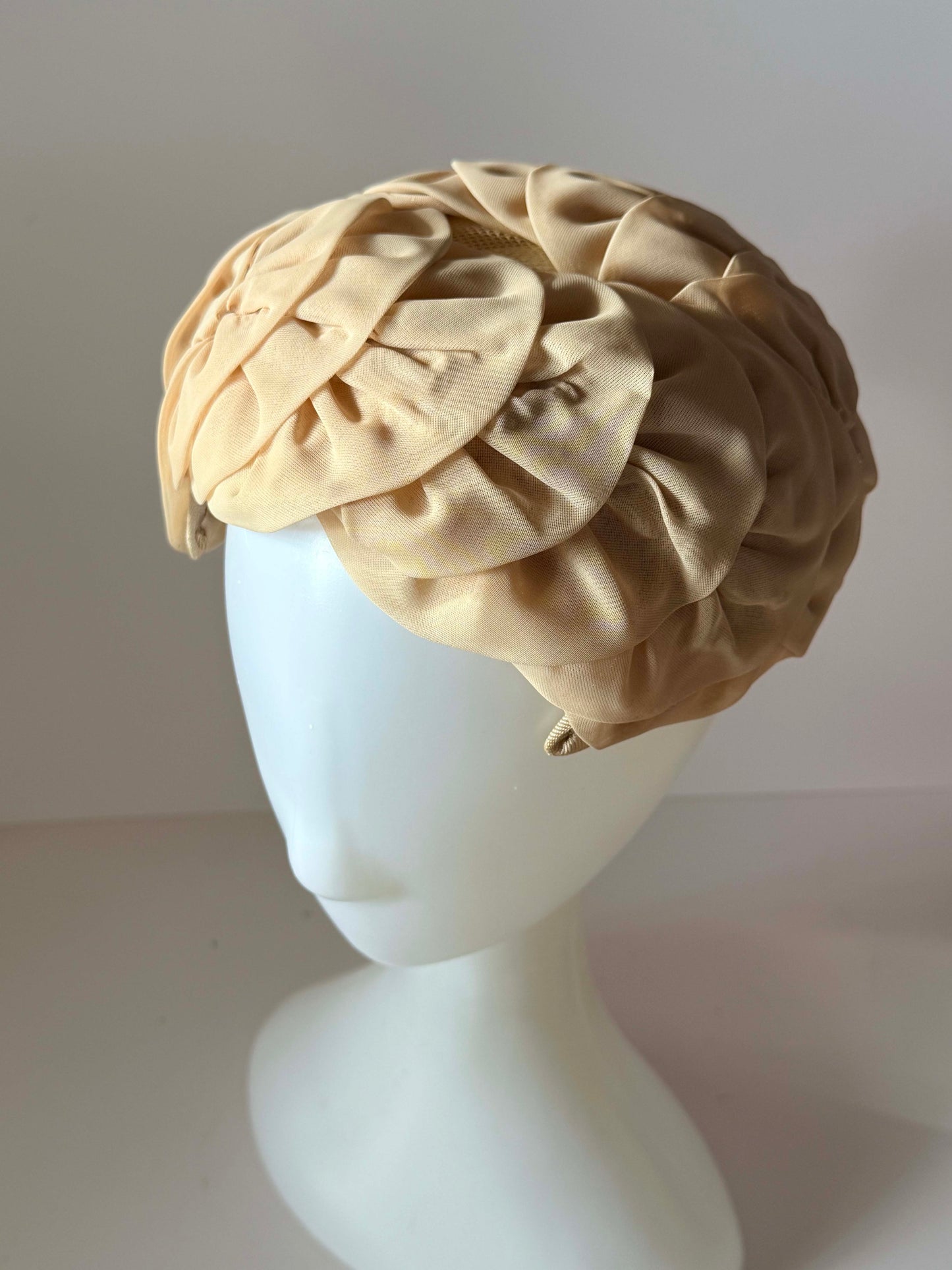 Vintage Champagne Halo Hat | Draped Cocktail Hat | 1950s Champagne Pillbox Hat | Elegant Wedding Hat | Mid Century Formal Millinery