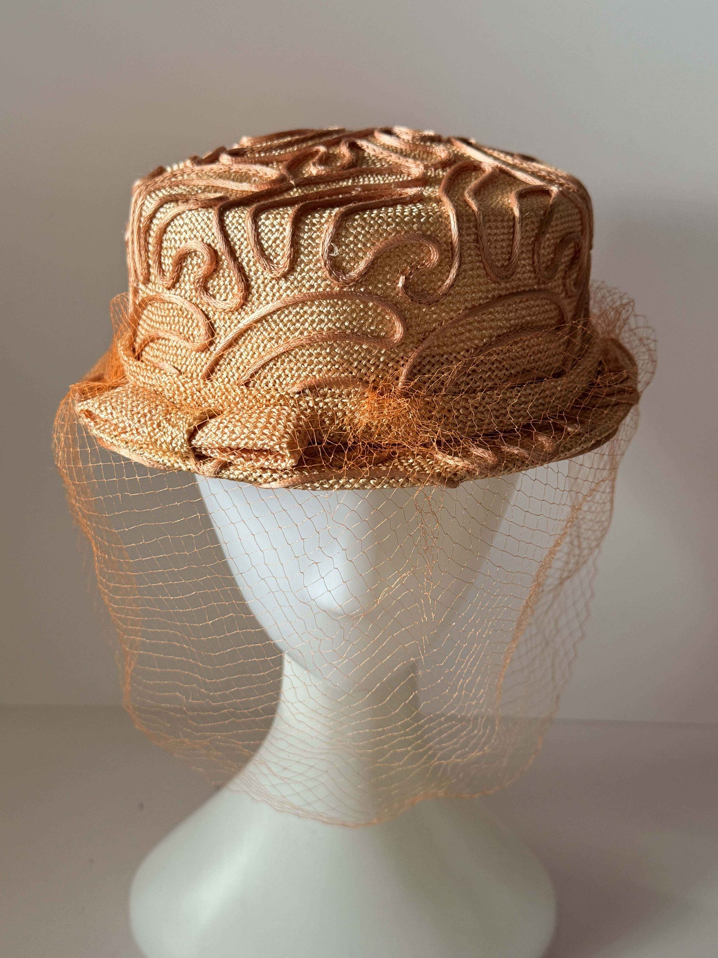 Vintage Walter King Veiled Pillbox Hat | Peach Straw Cocktail Hat | 1950s Sculptural Pillbox | Mid Century Wedding Hat