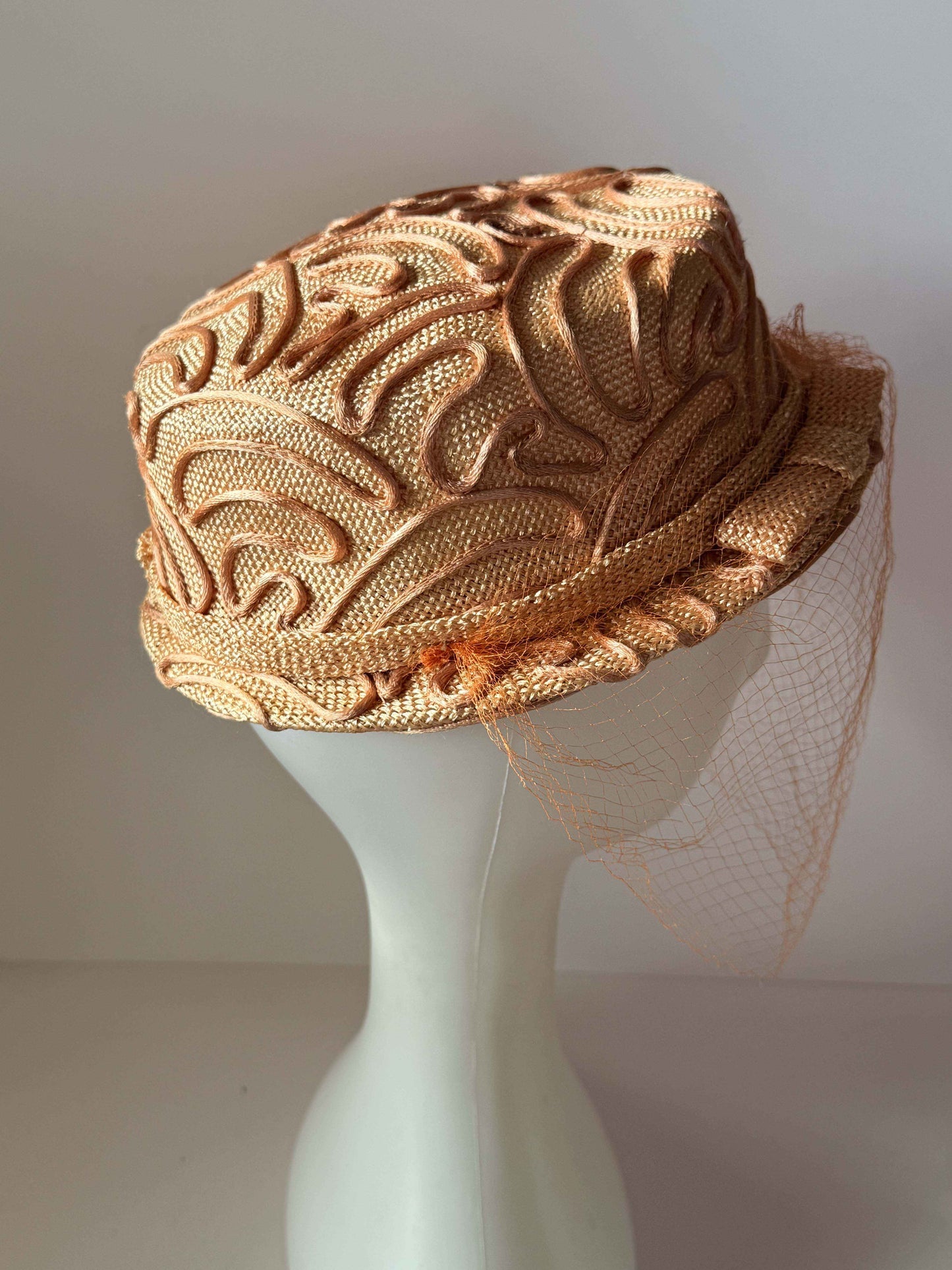 Vintage Walter King Veiled Pillbox Hat | Peach Straw Cocktail Hat | 1950s Sculptural Pillbox | Mid Century Wedding Hat