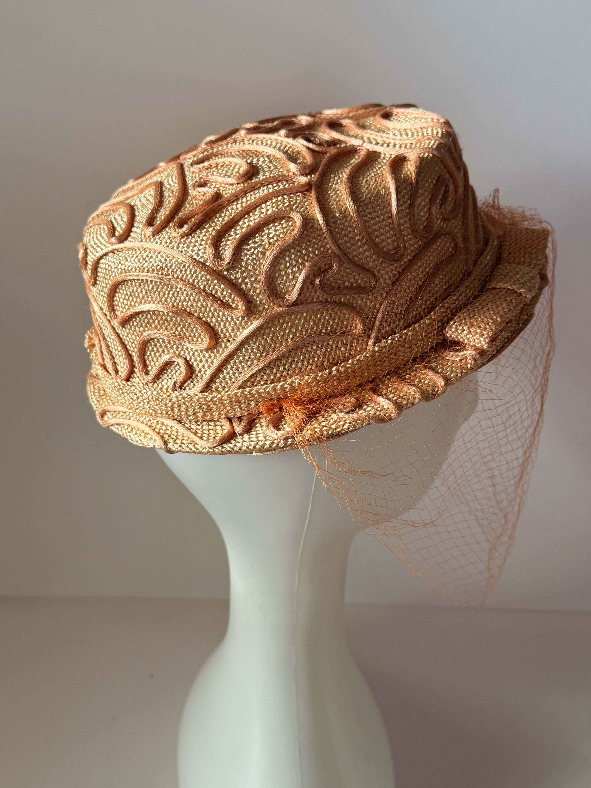 Vintage Walter King Veiled Pillbox Hat | Peach Straw Cocktail Hat | 1950s Sculptural Pillbox | Mid Century Wedding Hat
