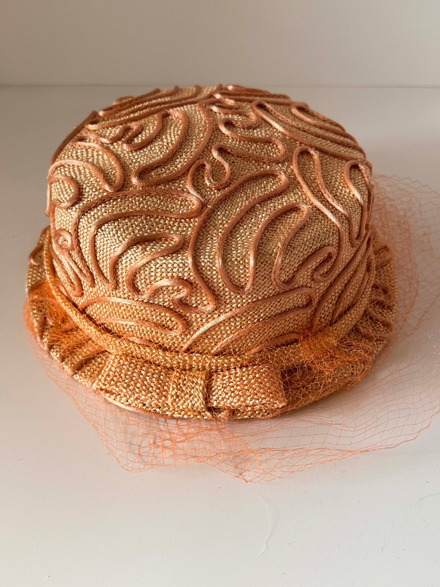 Vintage Walter King Veiled Pillbox Hat | Peach Straw Cocktail Hat | 1950s Sculptural Pillbox | Mid Century Wedding Hat
